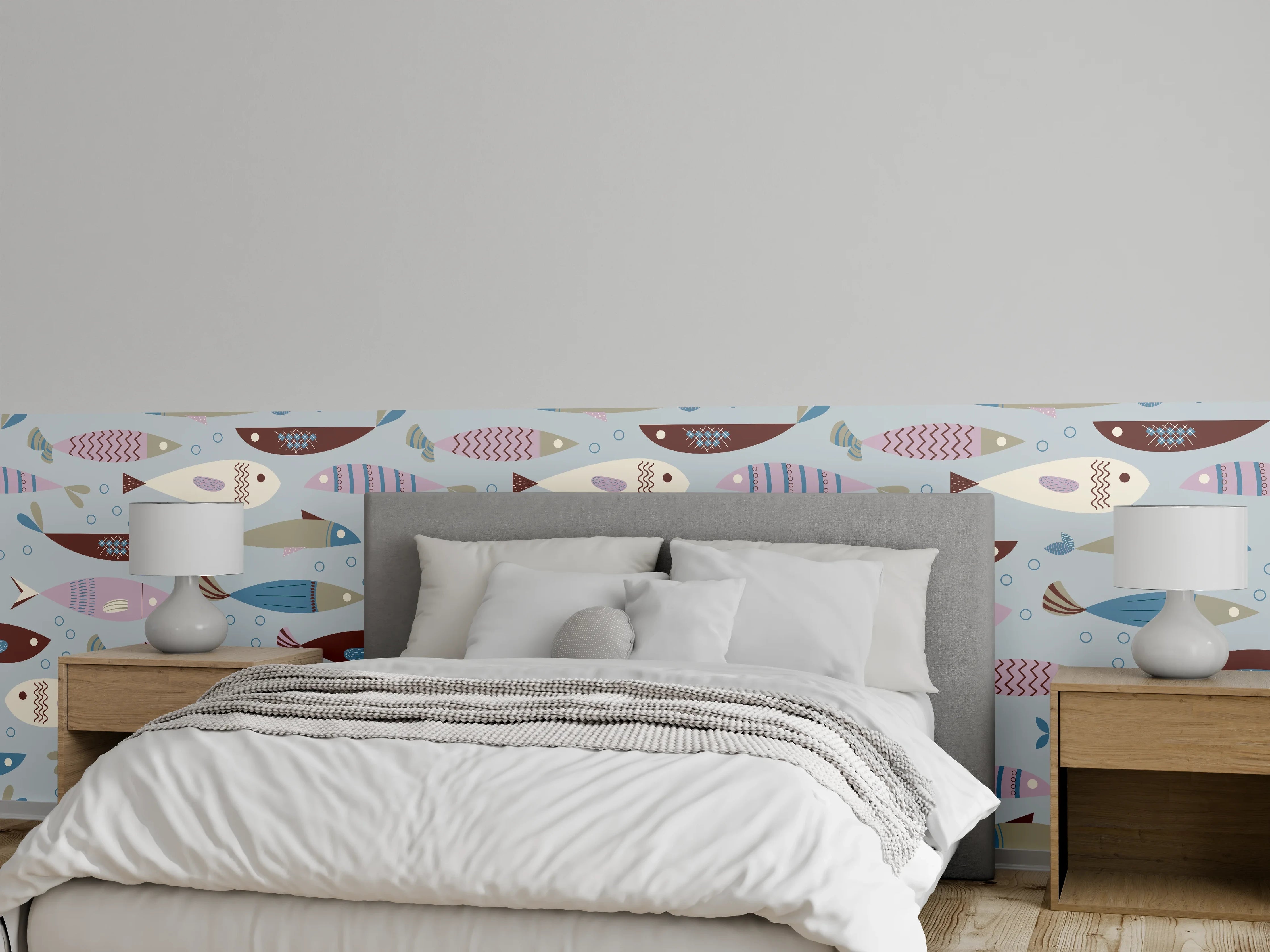 Wandverkleidung Schlafzimmer - Pastell-Fischmuster Blau Beige