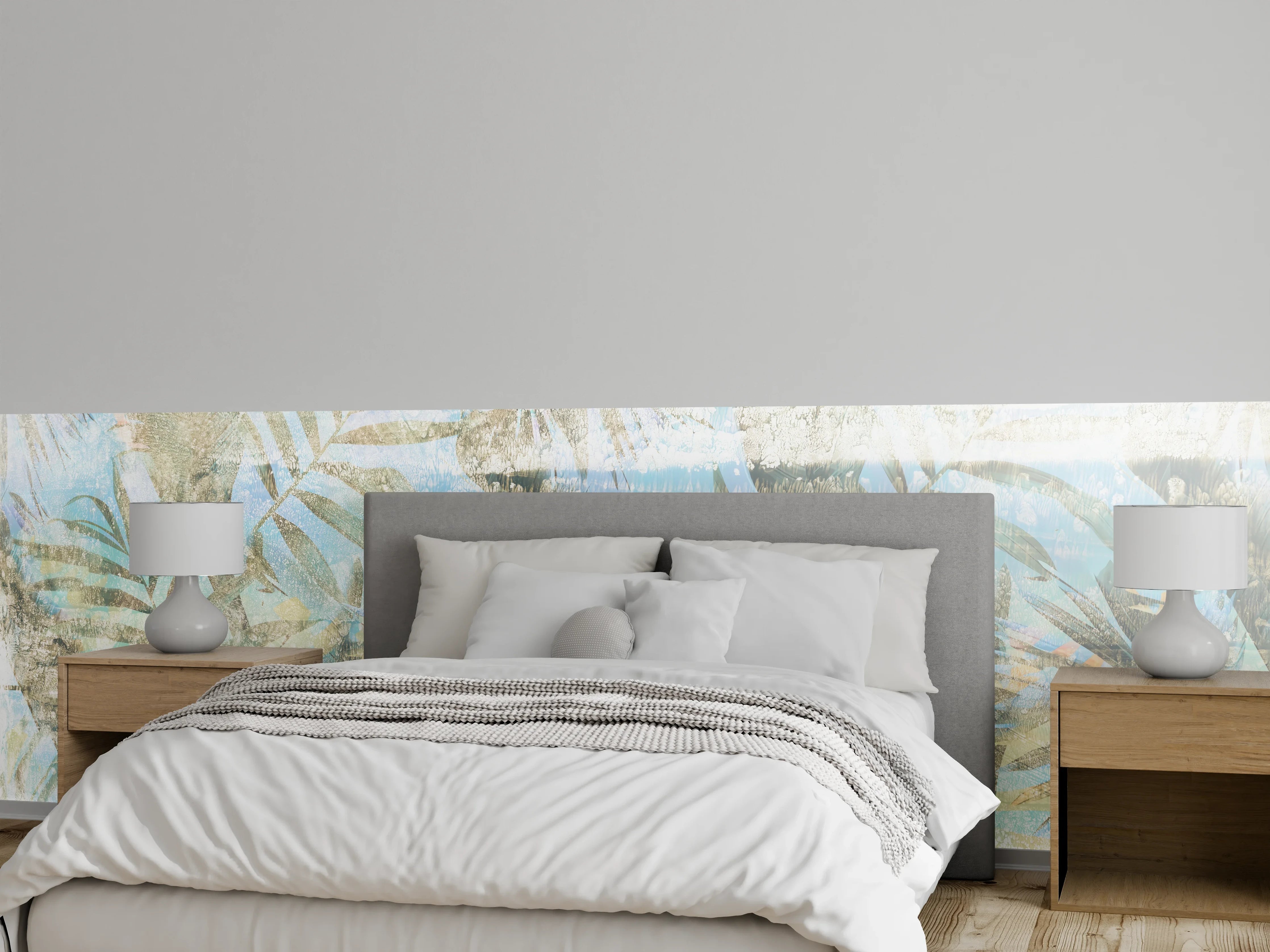 Wandverkleidung Schlafzimmer - Pastell Palmenblätter Vintage Optik