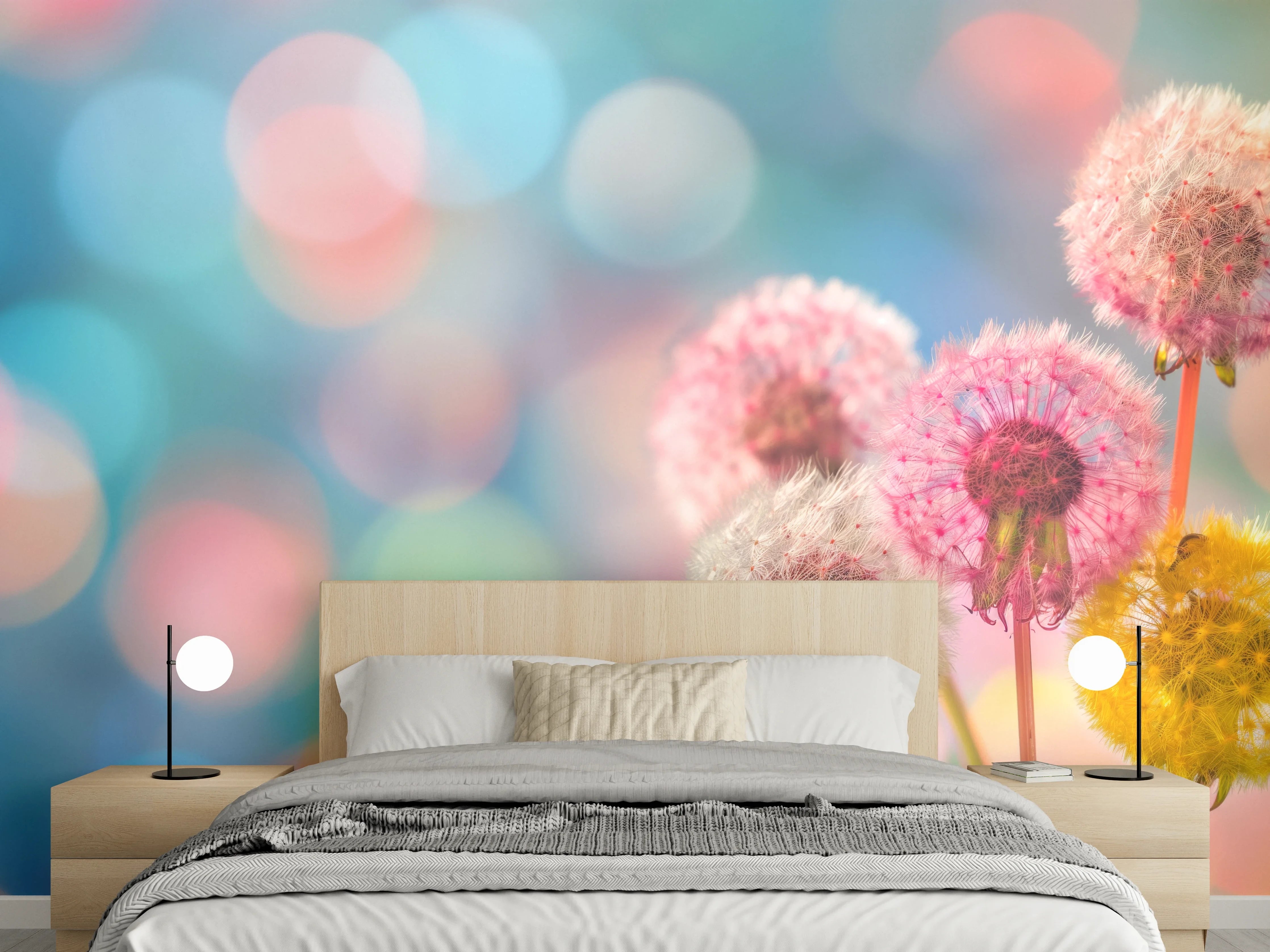 Wandverkleidung Schlafzimmer - Pastell-Pusteblumen im Bokeh