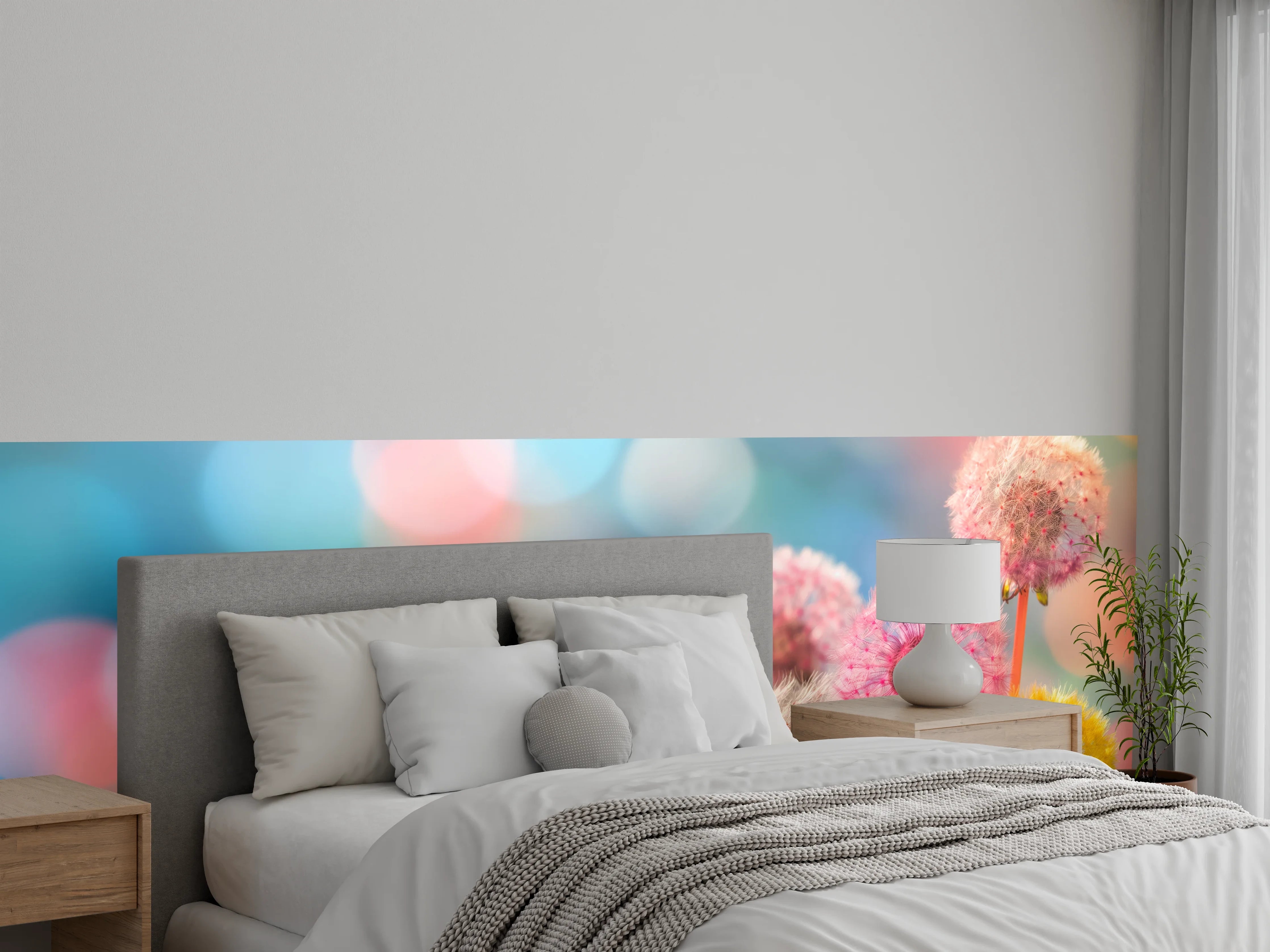 Wandverkleidung Schlafzimmer - Pastell-Pusteblumen im Bokeh
