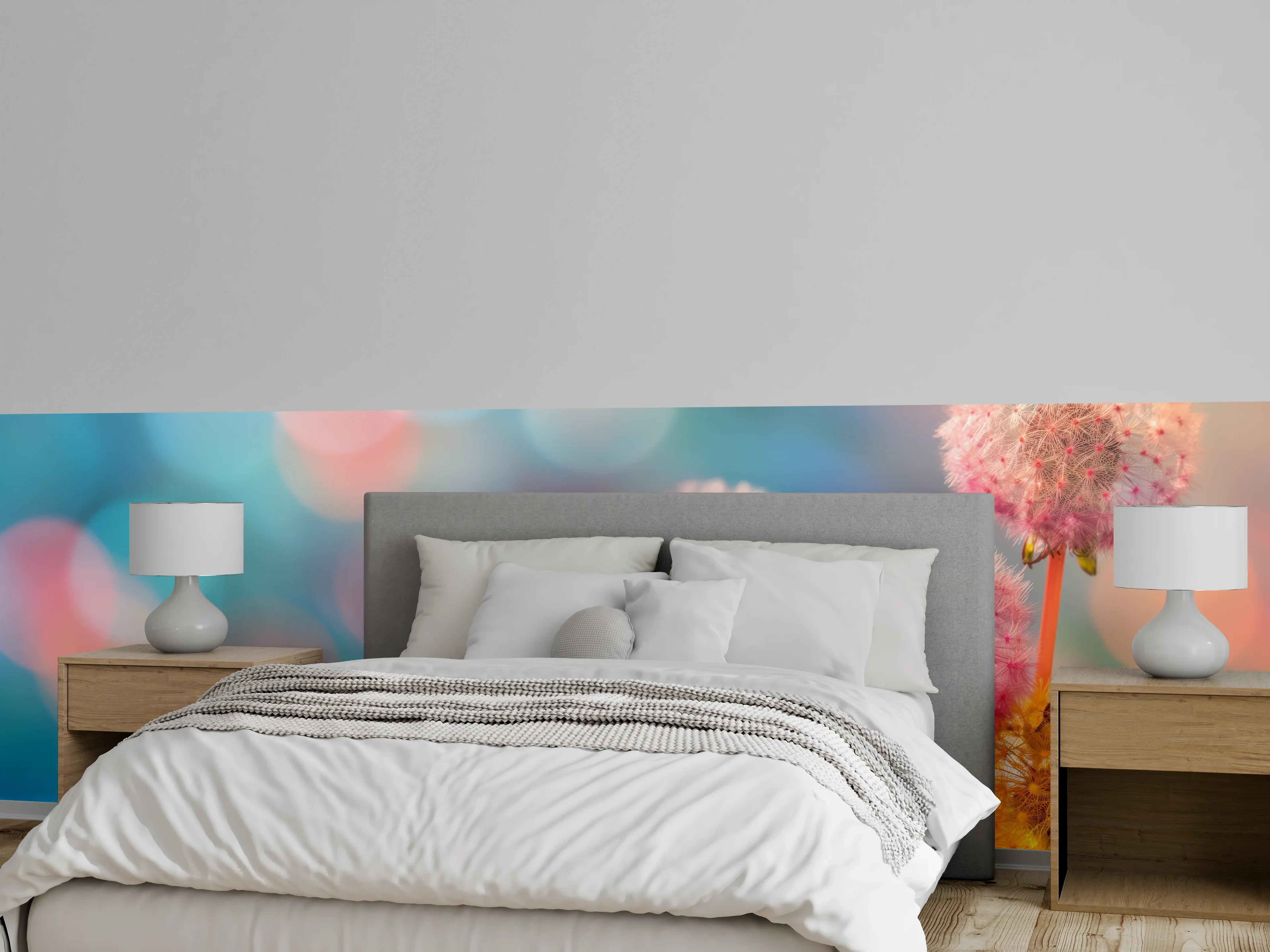 Wandverkleidung Schlafzimmer - Pastell-Pusteblumen im Bokeh