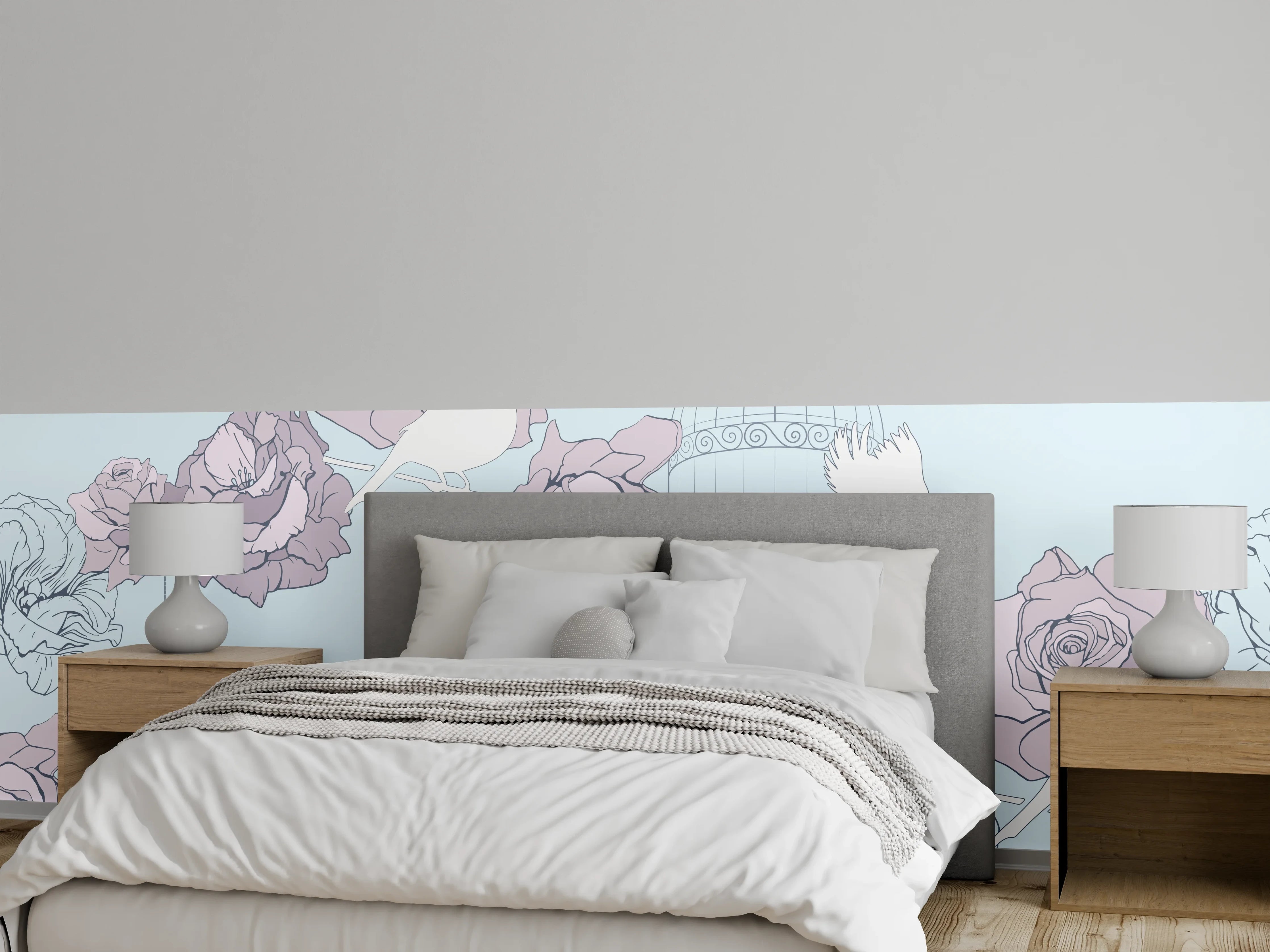 Wandverkleidung Schlafzimmer - Pastell Rosen und Vögel Vintage