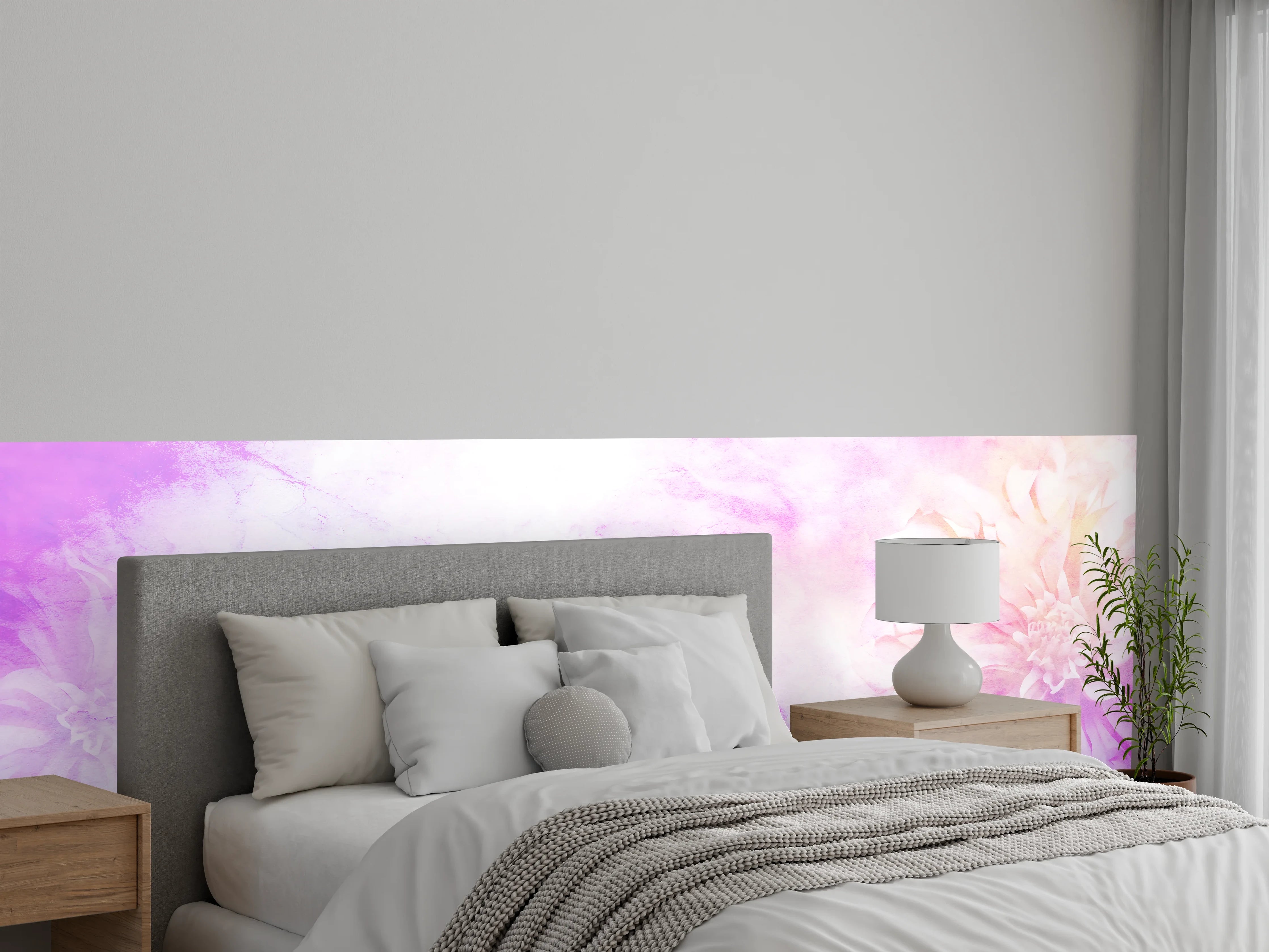 Wandverkleidung Schlafzimmer - Pastellblüten auf grauer Marmorstruktur