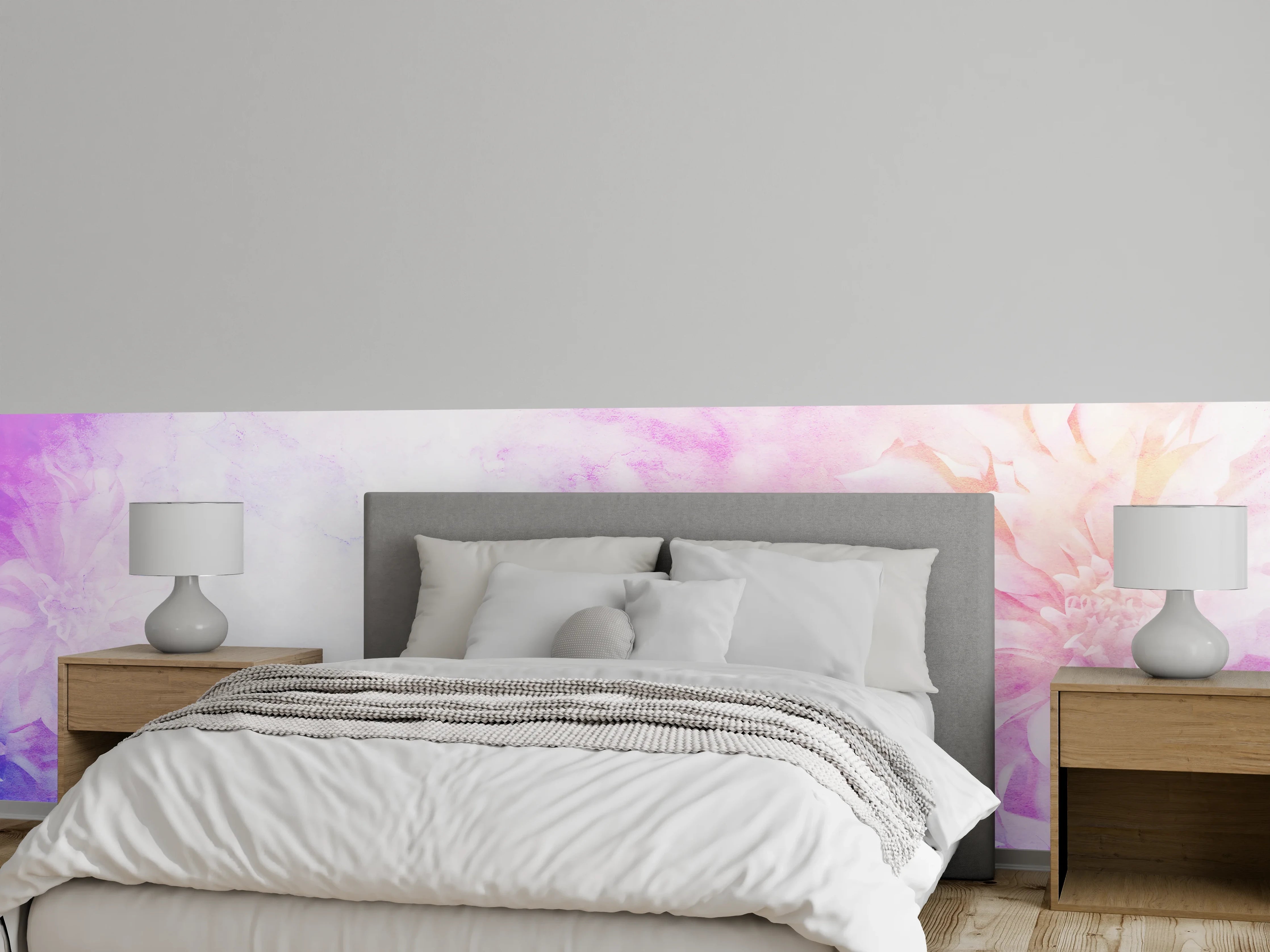 Wandverkleidung Schlafzimmer - Pastellblüten auf grauer Marmorstruktur