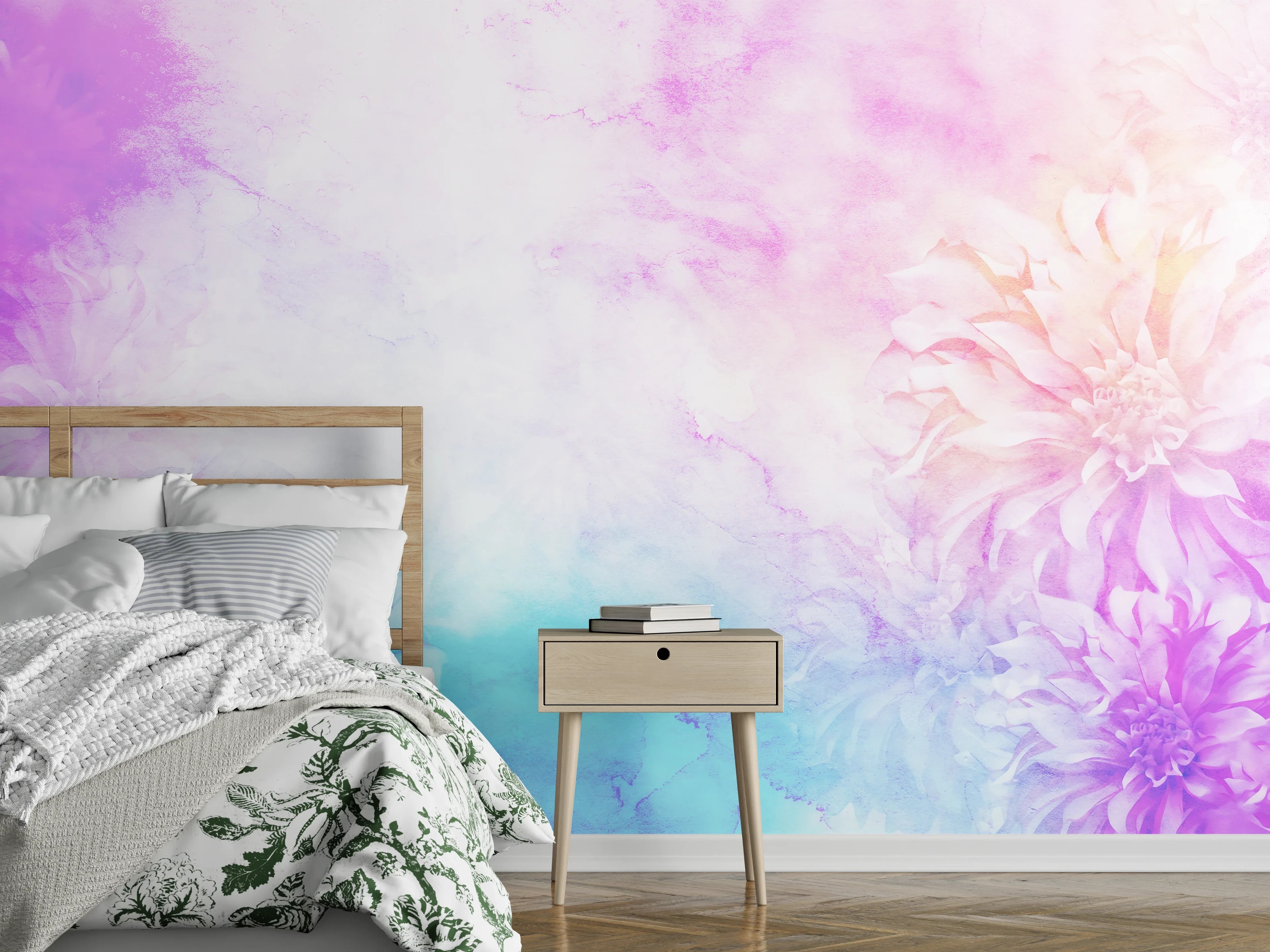 Wandverkleidung Schlafzimmer - Pastellblüten auf grauer Marmorstruktur