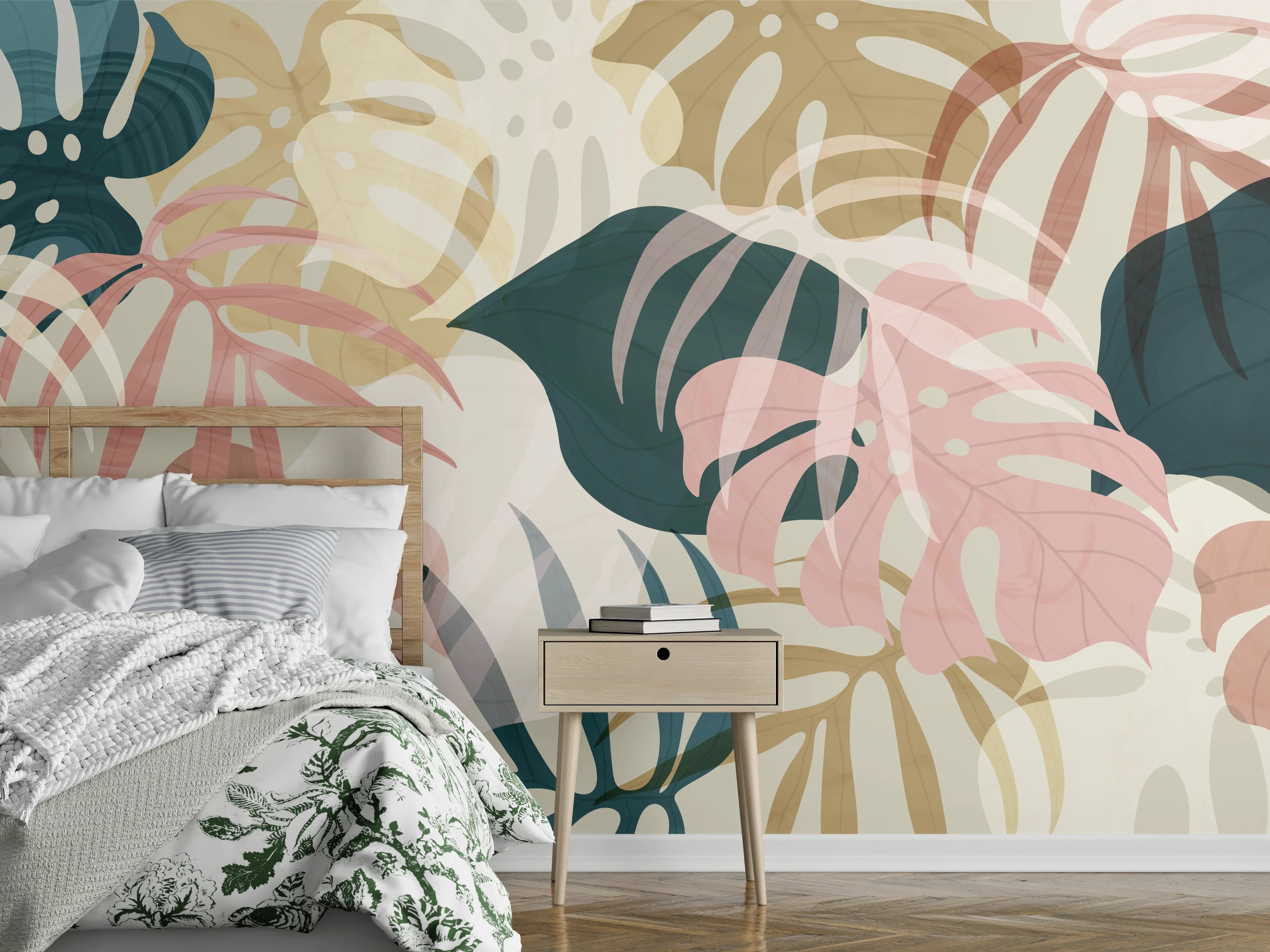 Wandverkleidung Schlafzimmer - Pastellfarbene Blumenmuster Tapete
