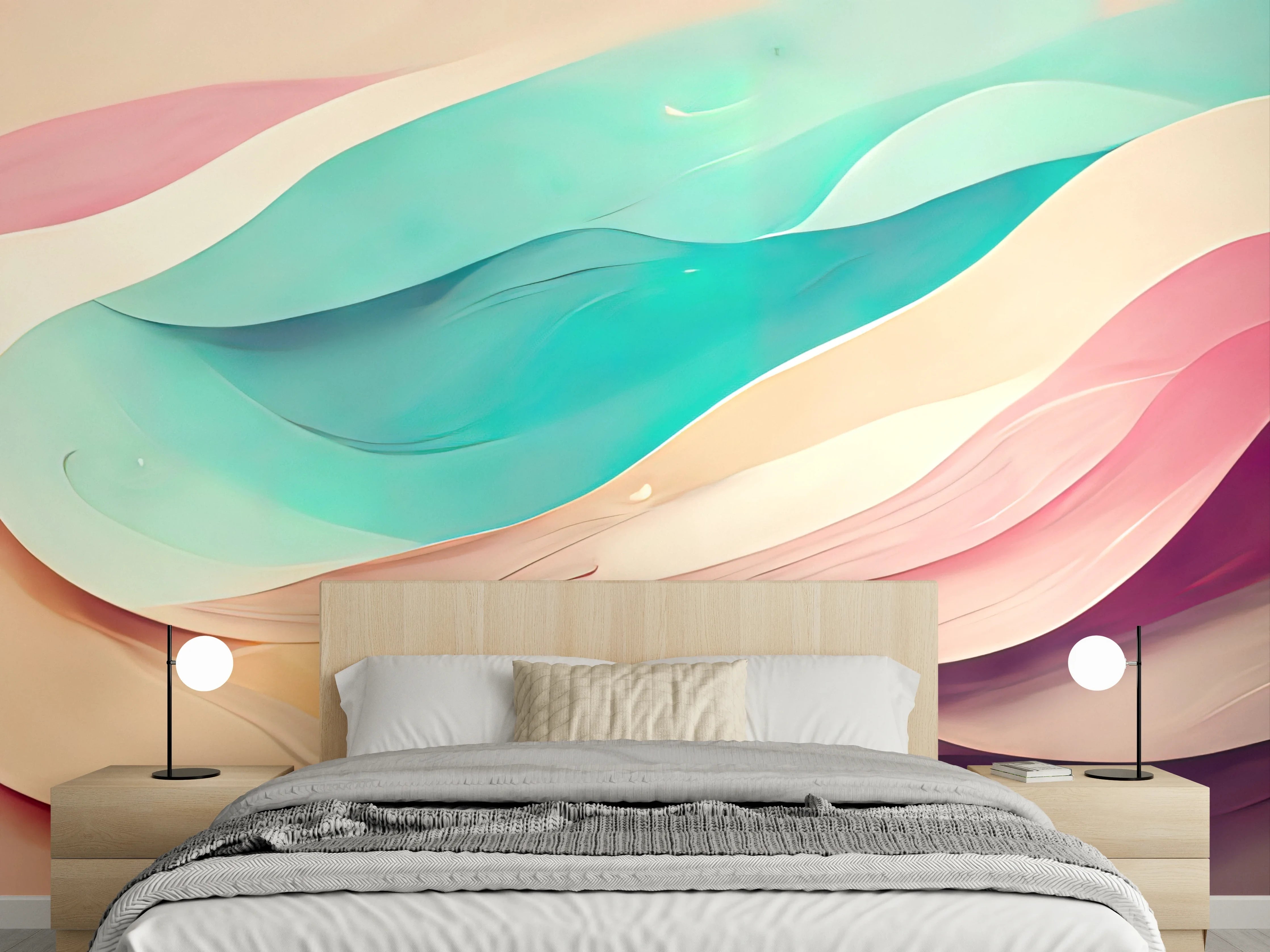 Wandverkleidung Schlafzimmer - Pastellfarbene Wellen – Abstrakte Wandkunst