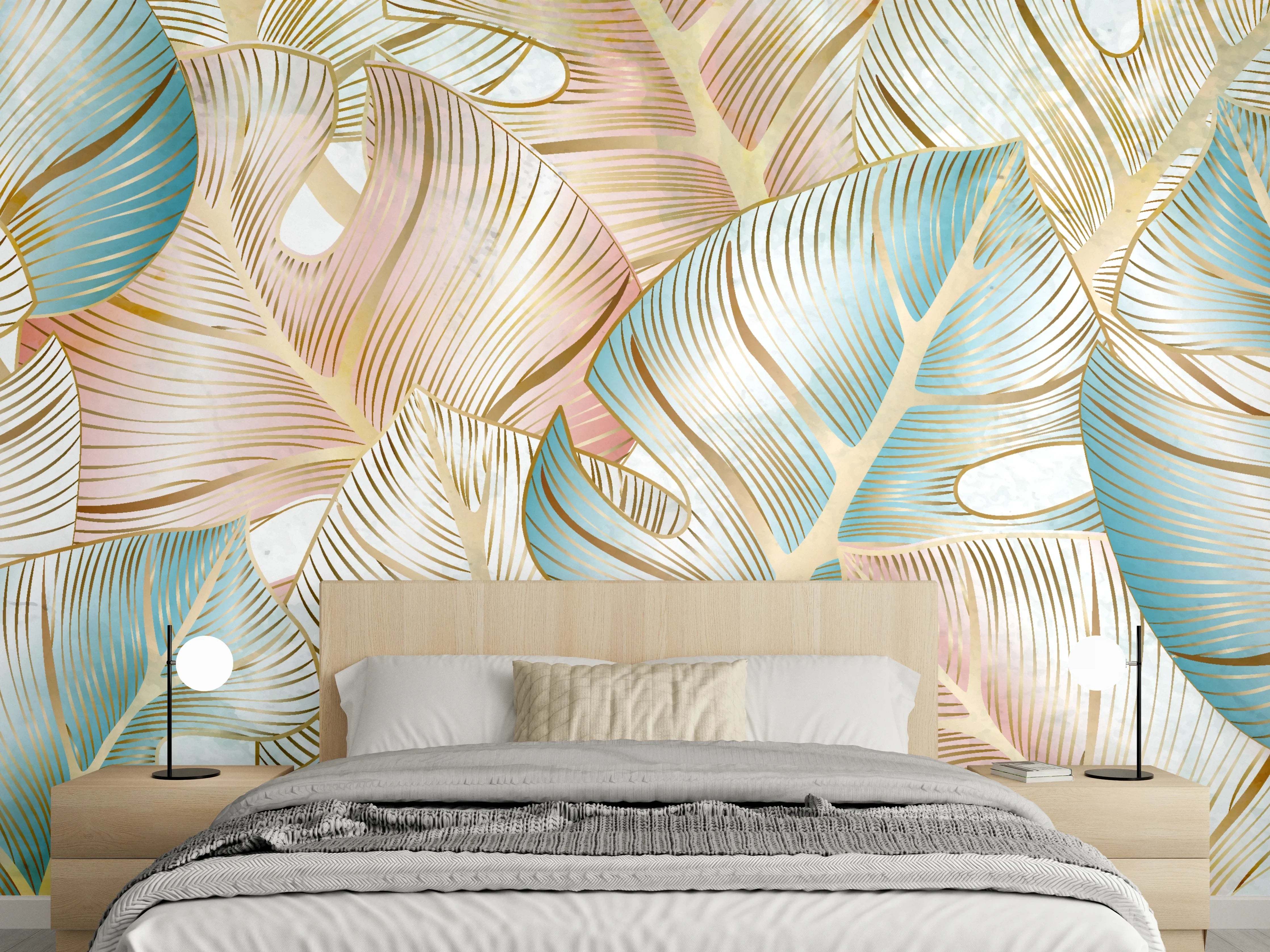 Wandverkleidung Schlafzimmer - Pastellfarbenes Blattmuster Design
