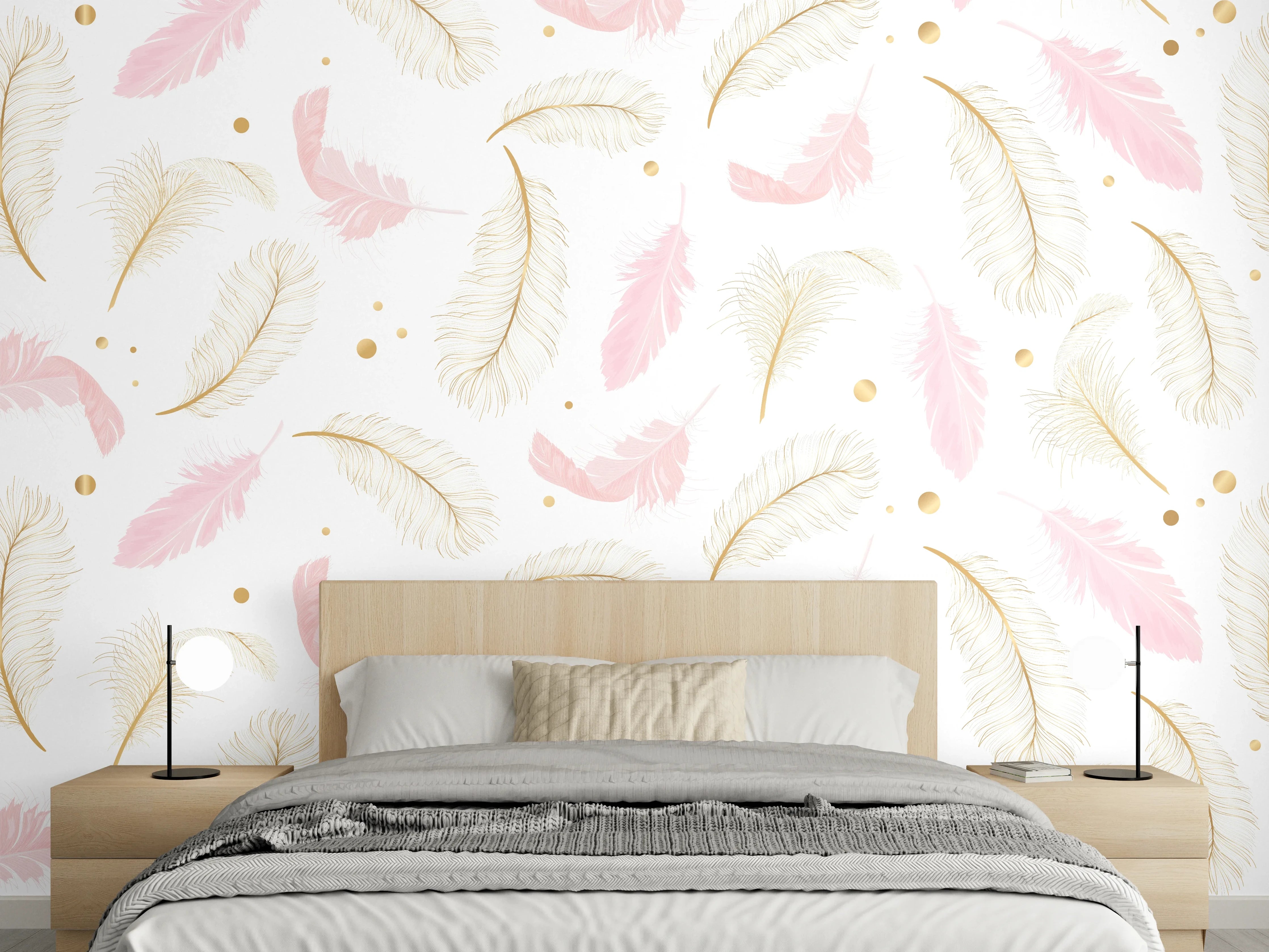 Wandverkleidung Schlafzimmer - Pastellfedern Muster in Rosé und Gold