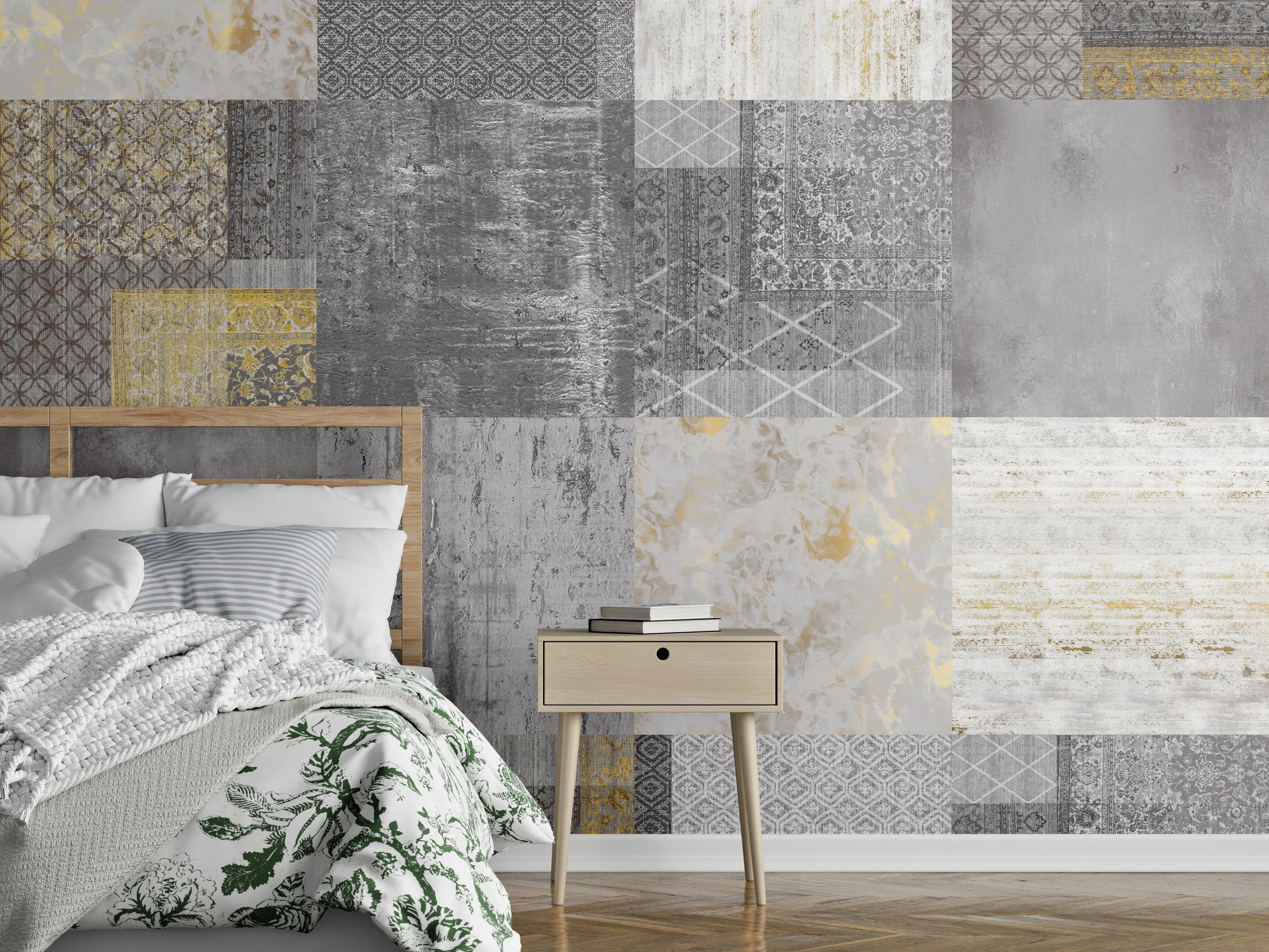 Wandverkleidung Schlafzimmer - Patchwork Fliesenmuster Grau Gold modern