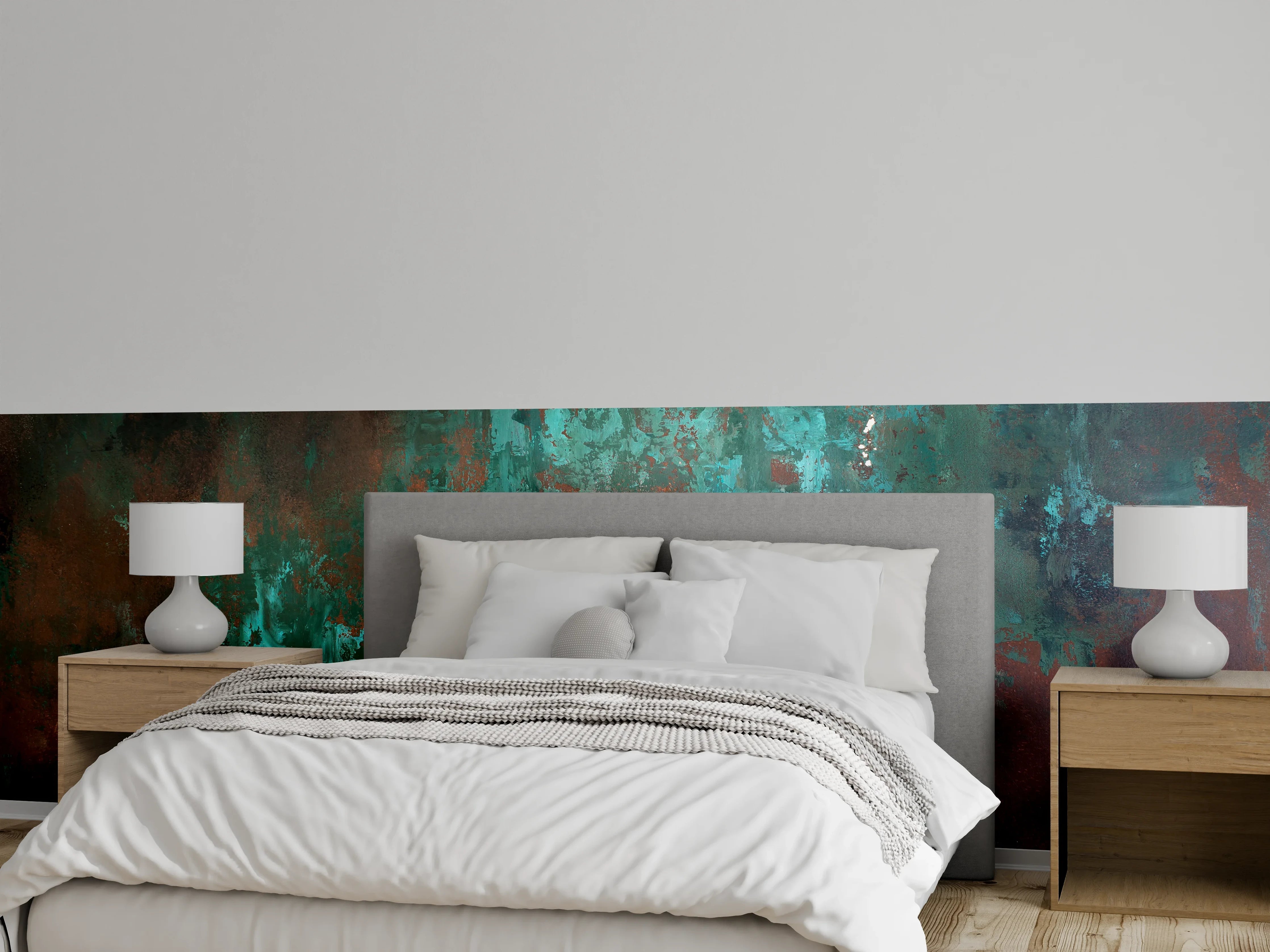Wandverkleidung Schlafzimmer - Patina-Effekt in Türkis und Braun