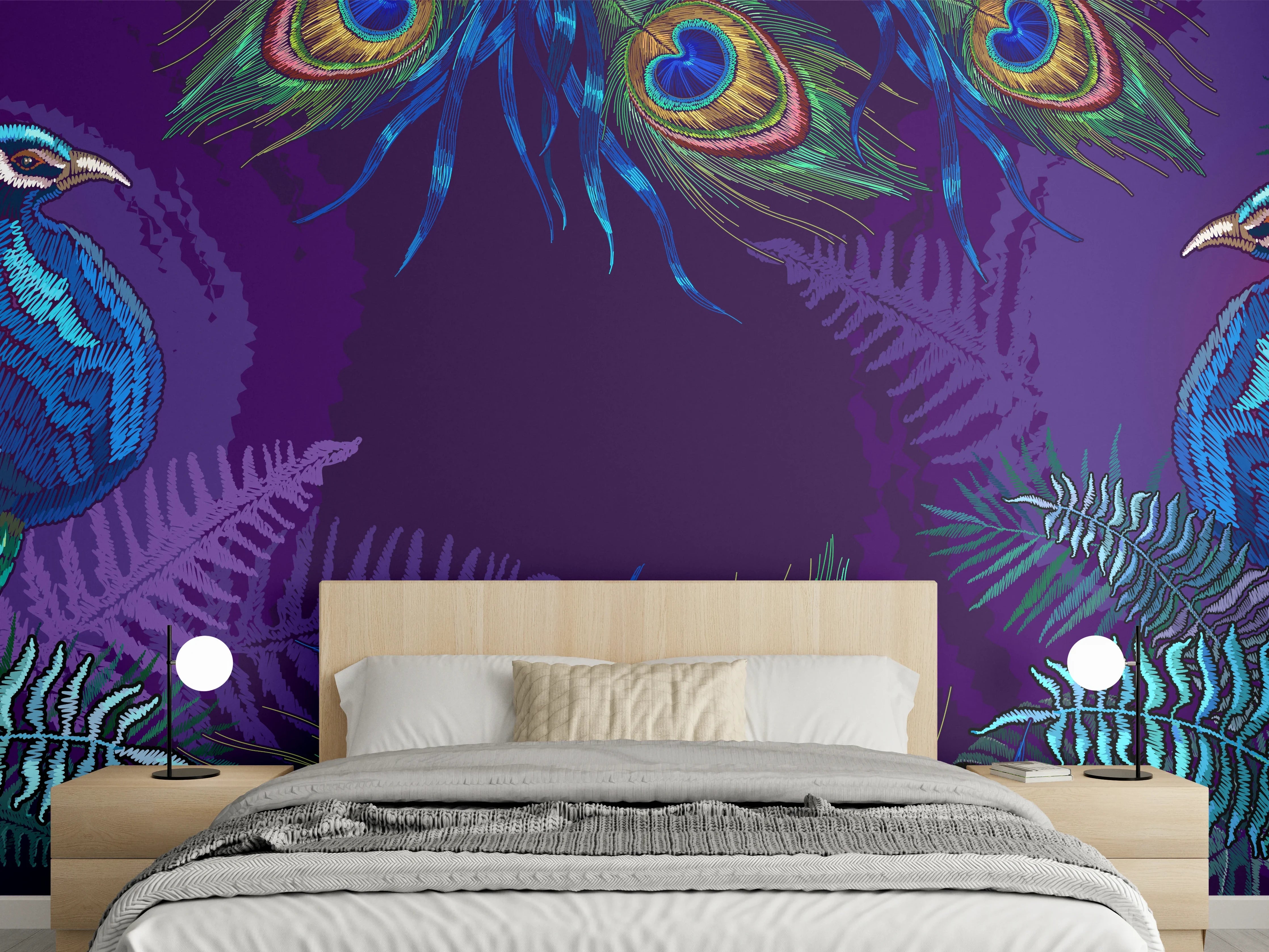 Wandverkleidung Schlafzimmer - Pfauen Stickkunst Palmenblätter