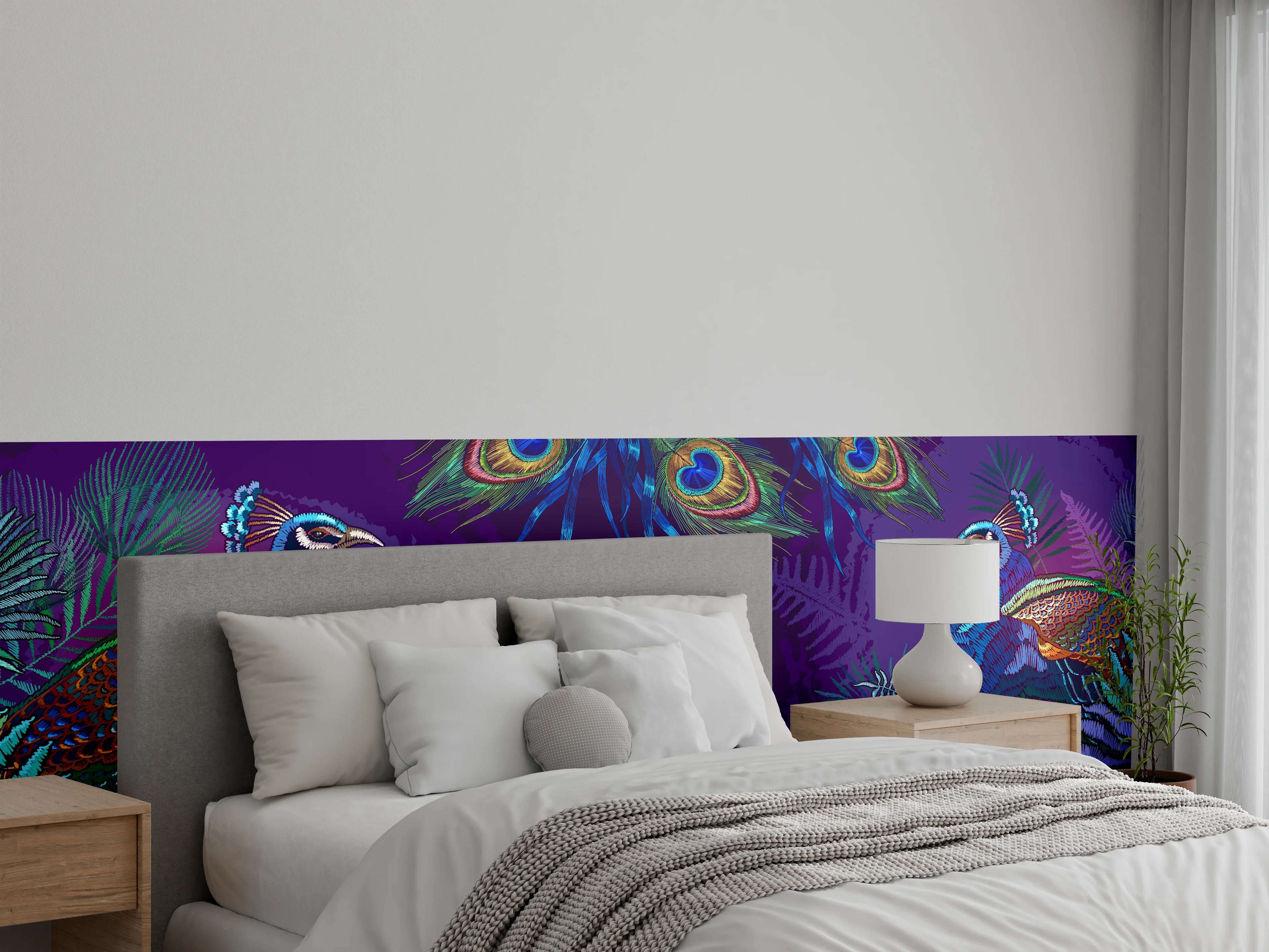 Wandverkleidung Schlafzimmer - Pfauen Stickkunst Palmenblätter