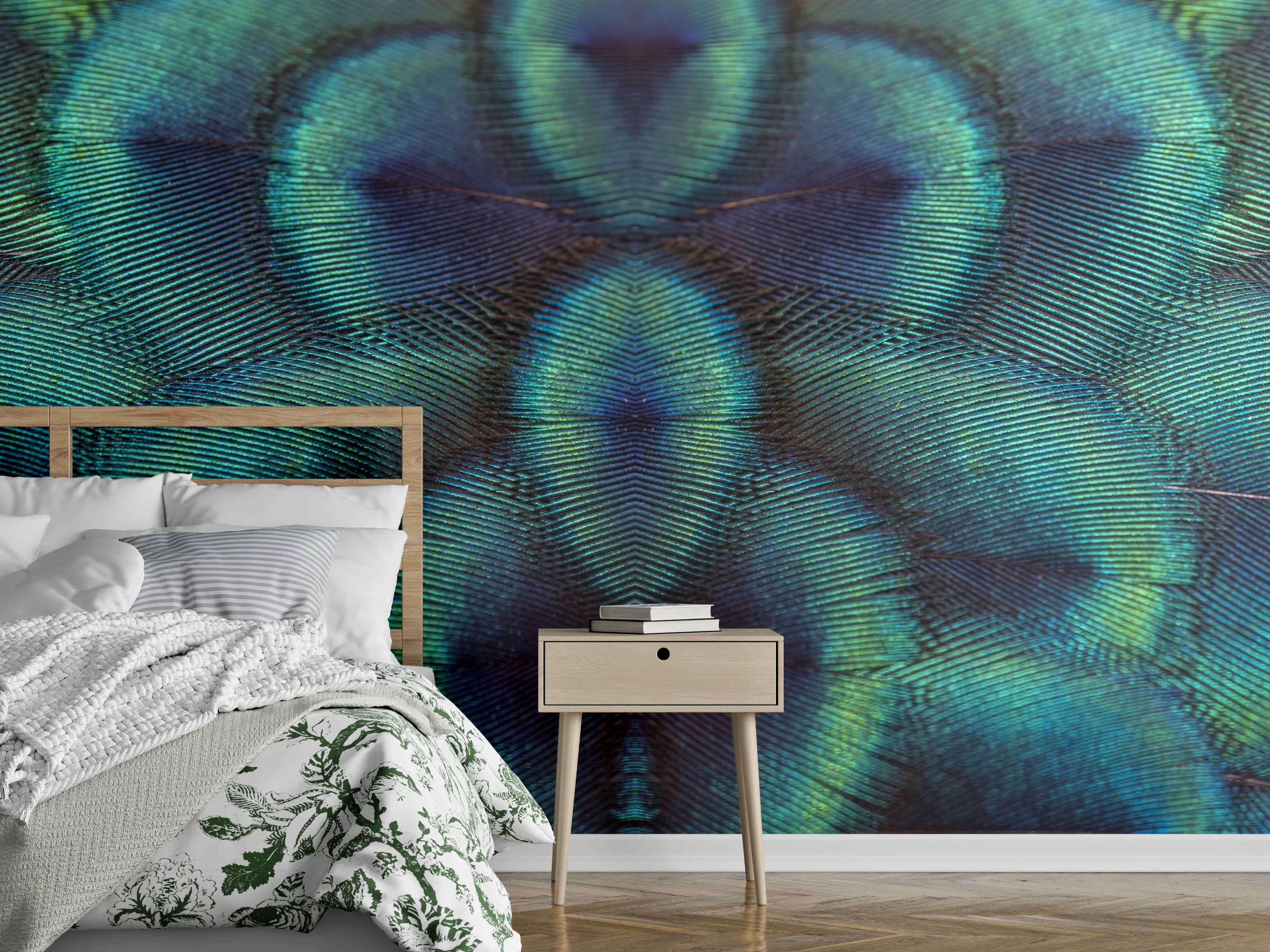 Wandverkleidung Schlafzimmer - Pfauenfedern - Nahaufnahme