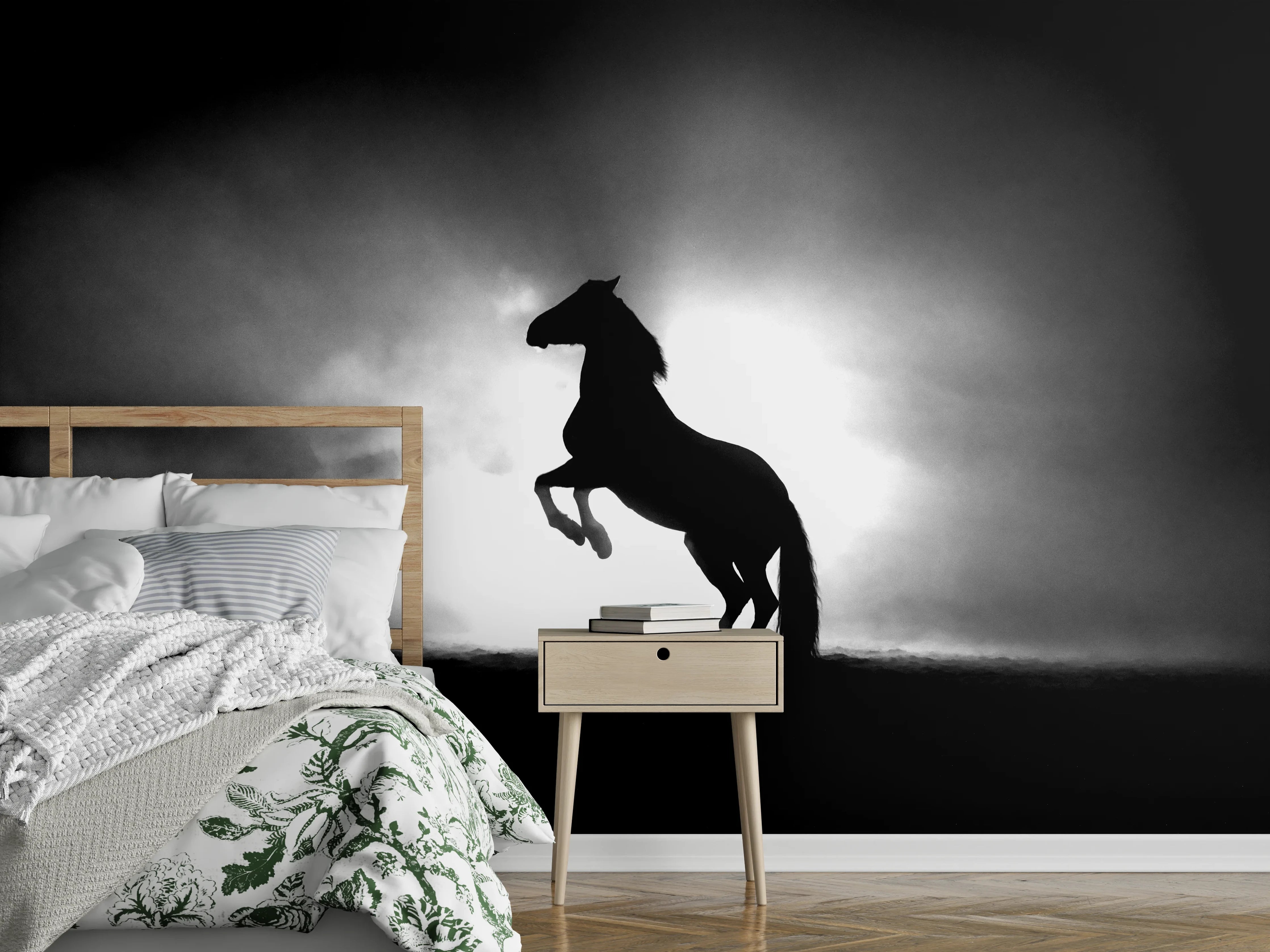 Wandverkleidung Schlafzimmer - Pferd-Aufzucht in Schwarz-Weiß