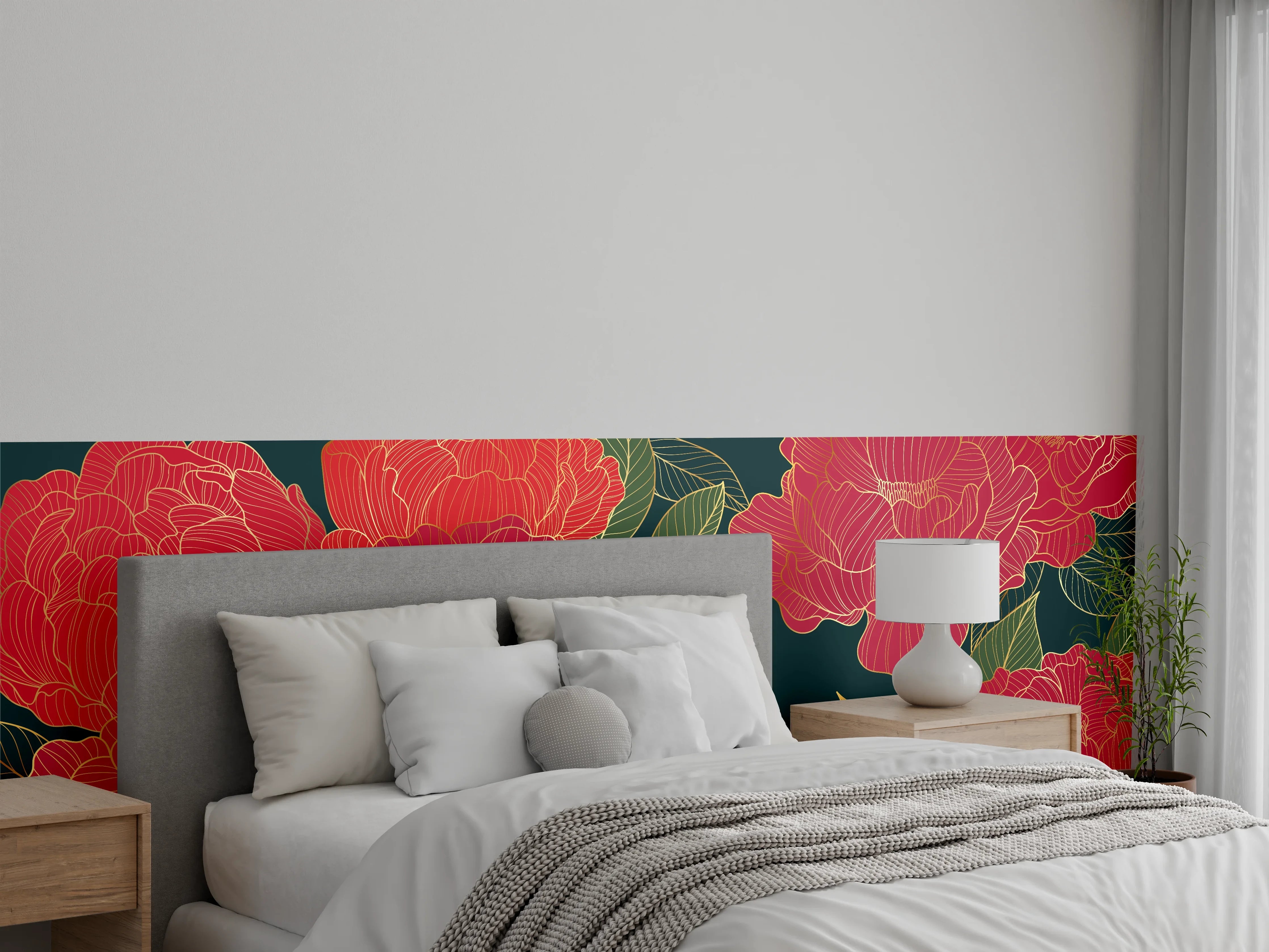 Wandverkleidung Schlafzimmer - Pfingstrosen Muster Dunkelrot