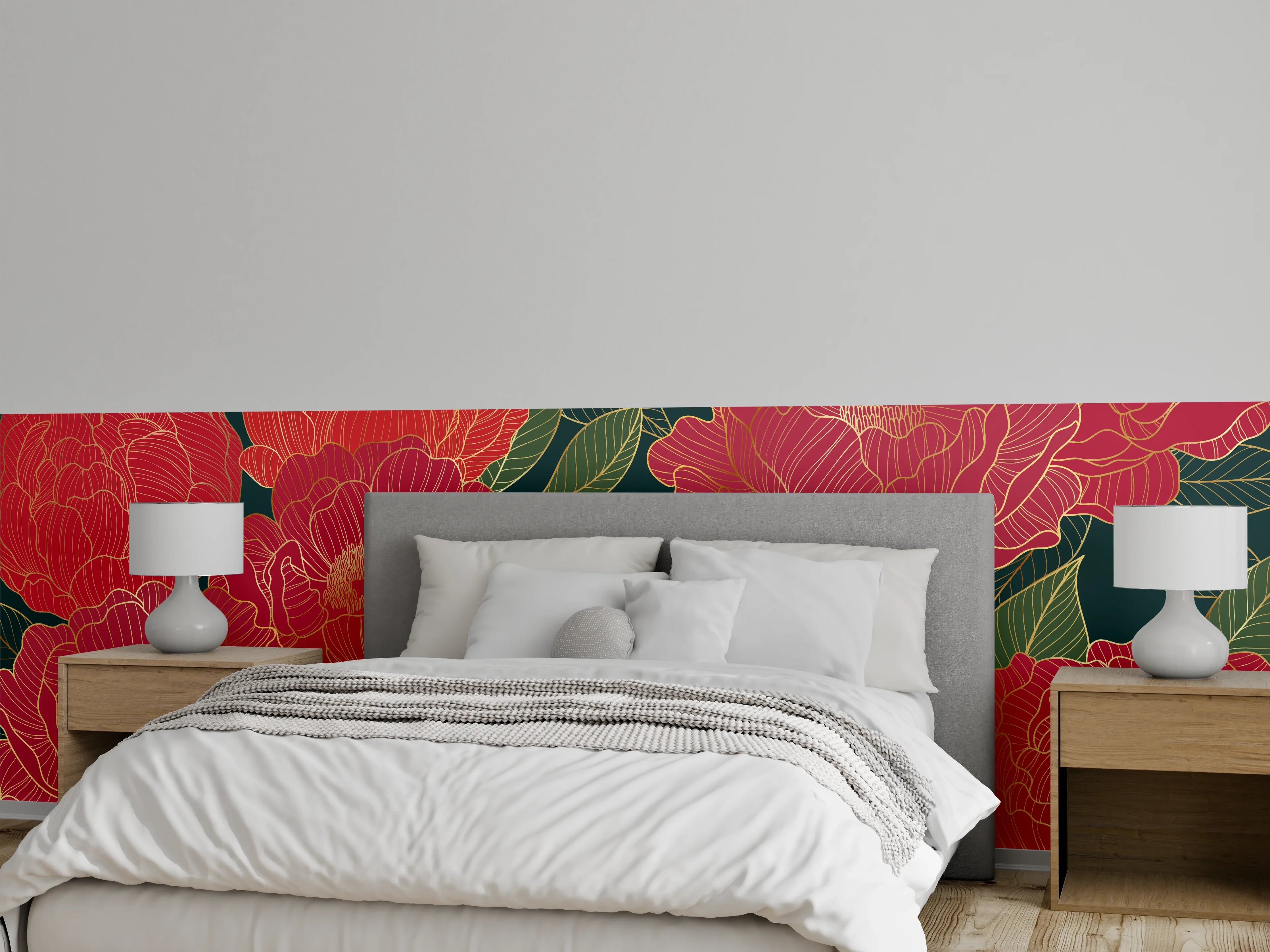 Wandverkleidung Schlafzimmer - Pfingstrosen Muster Dunkelrot