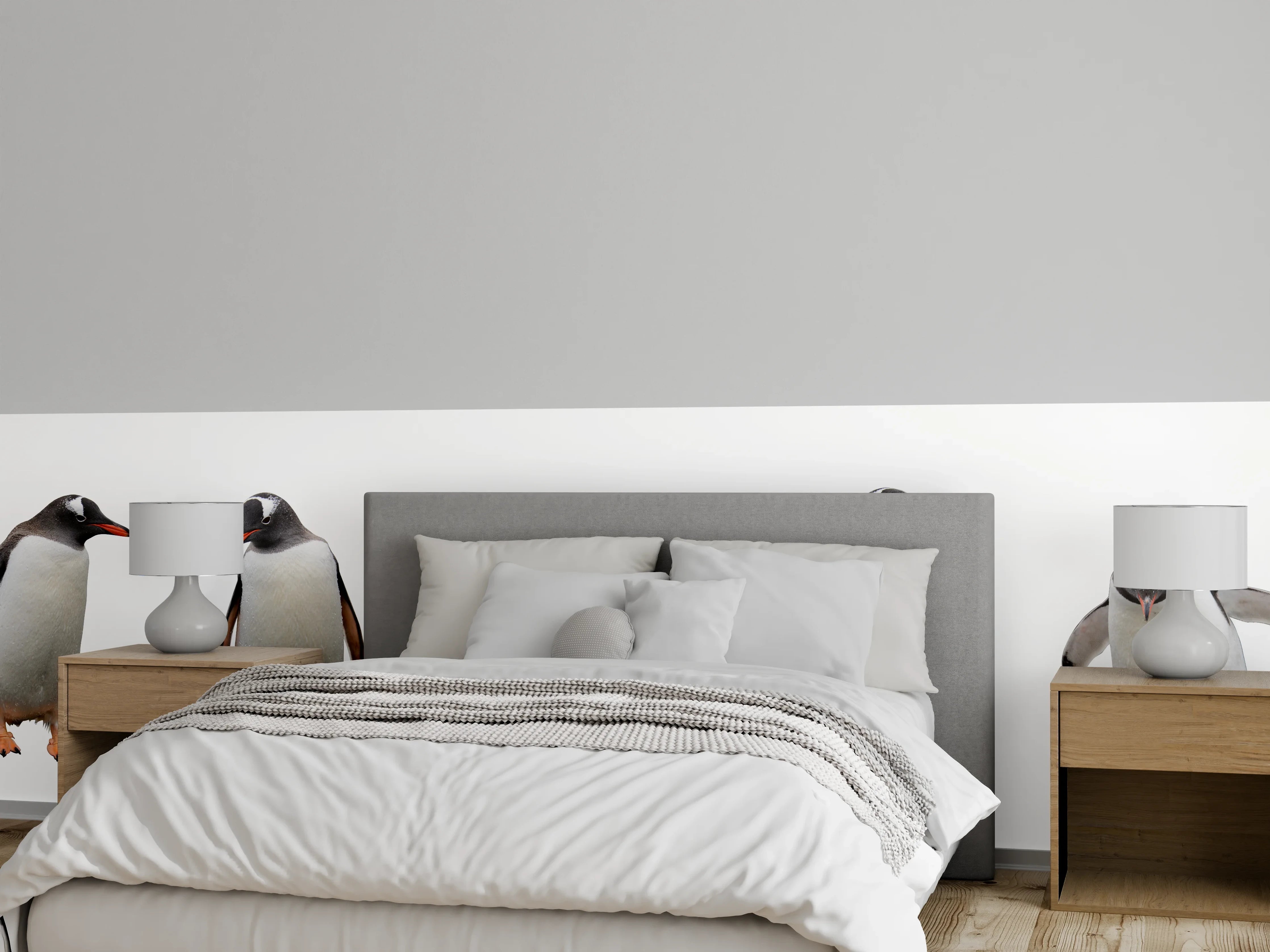 Wandverkleidung Schlafzimmer - Pinguine auf weißem Hintergrund