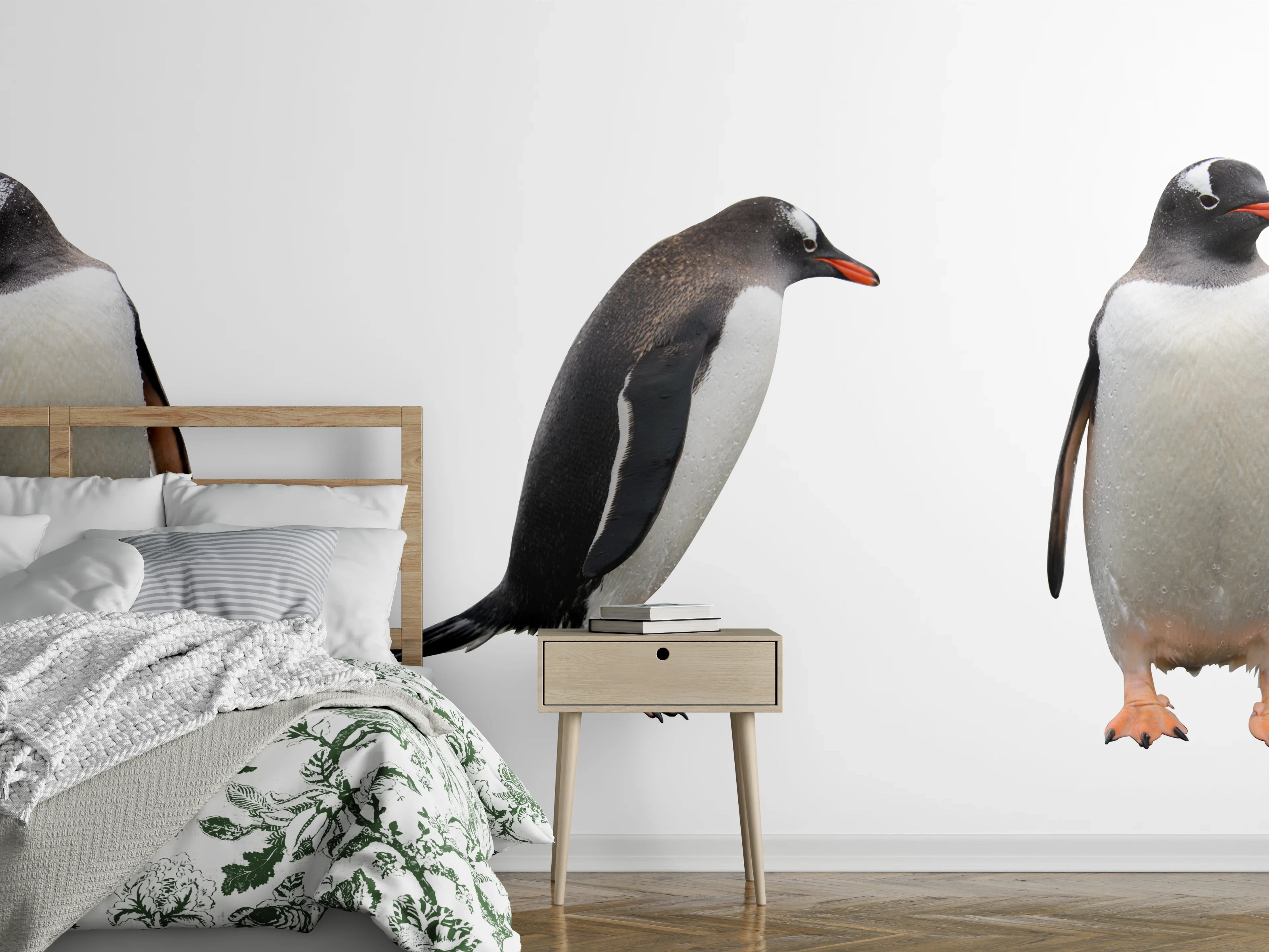 Wandverkleidung Schlafzimmer - Pinguine auf weißem Hintergrund