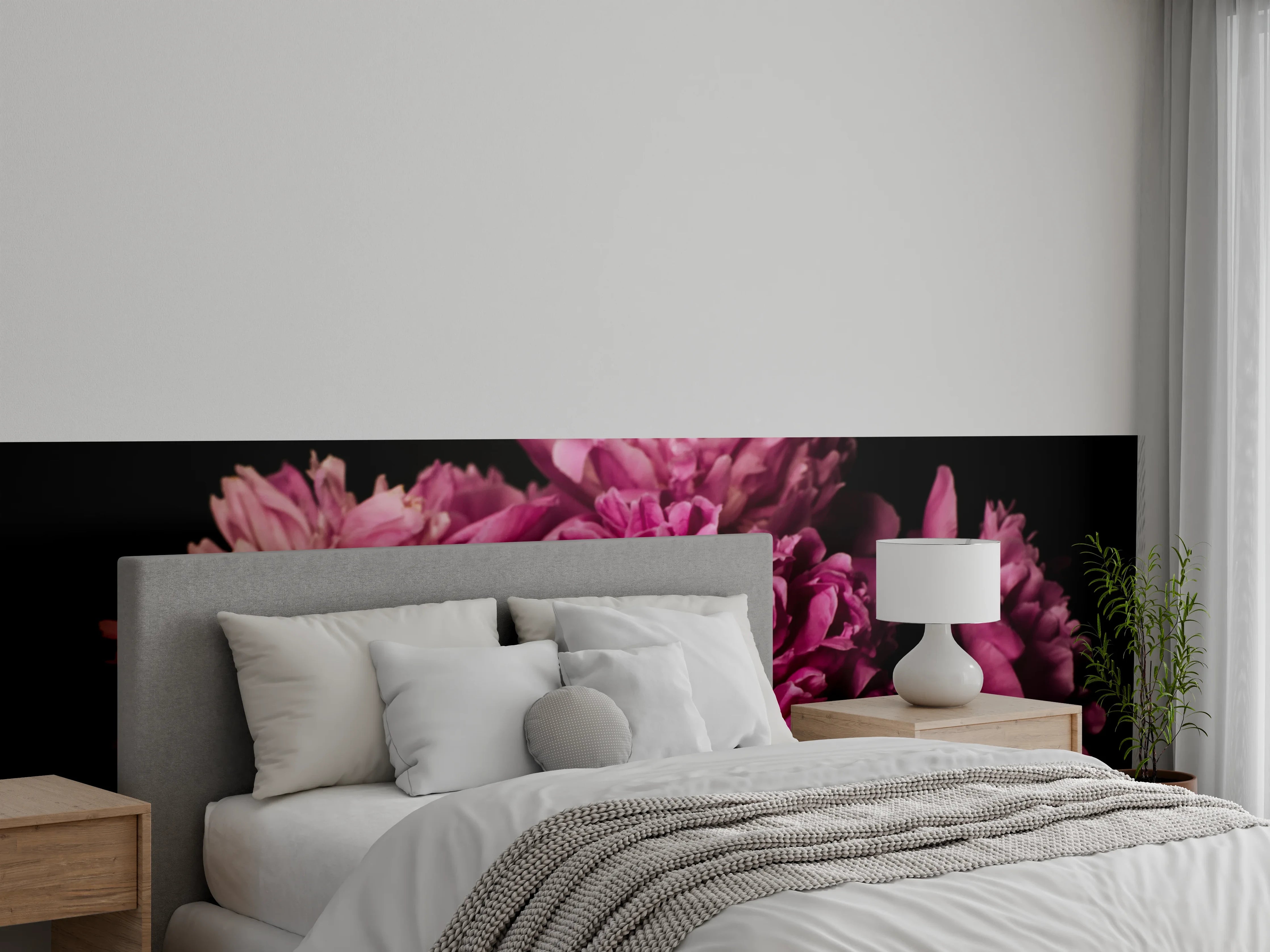 Wandverkleidung Schlafzimmer - Pinke Pfingstrosen auf dunklem Hintergrund