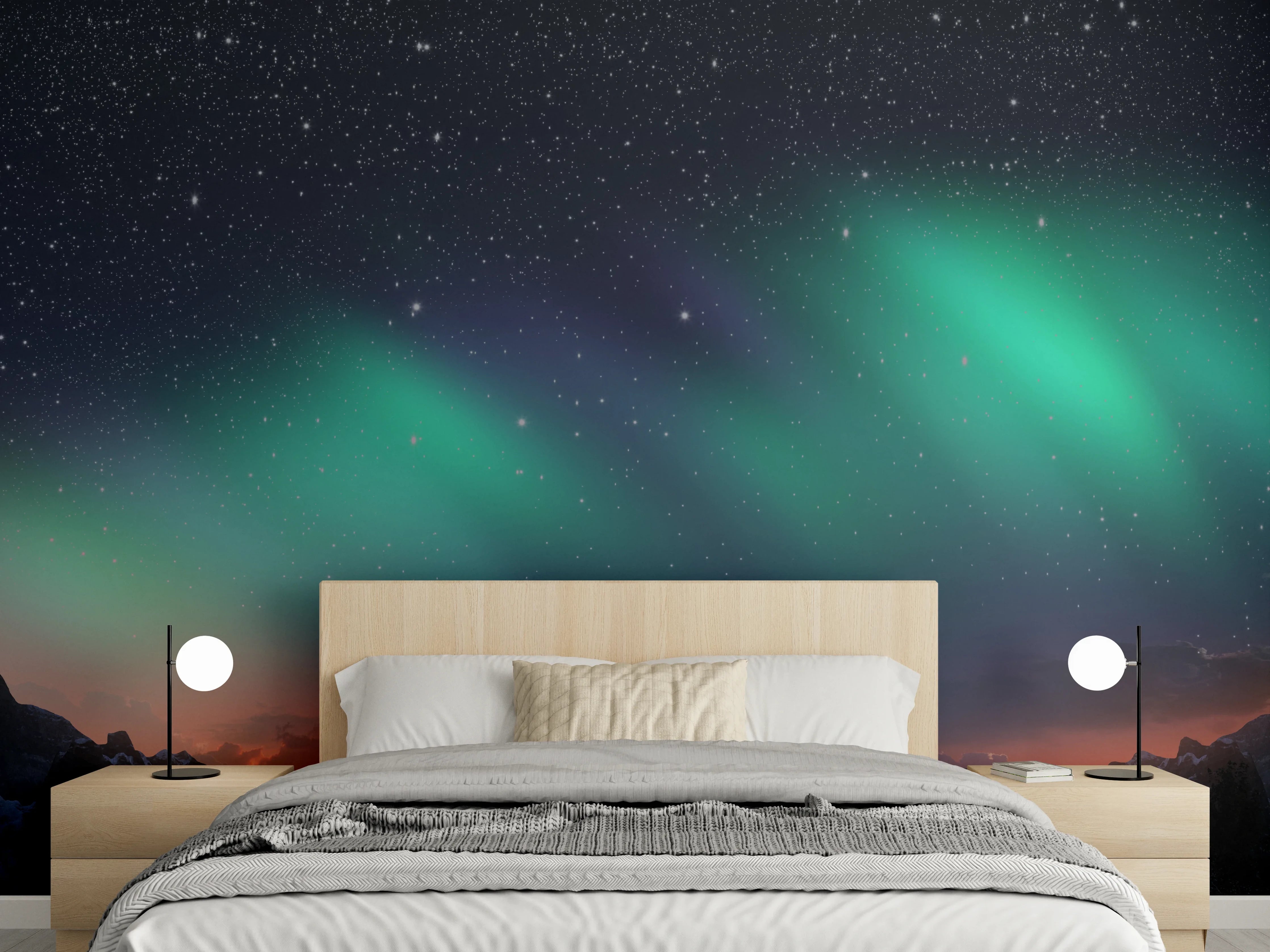Wandverkleidung Schlafzimmer - Polarlichter über Berglandschaft Panorama