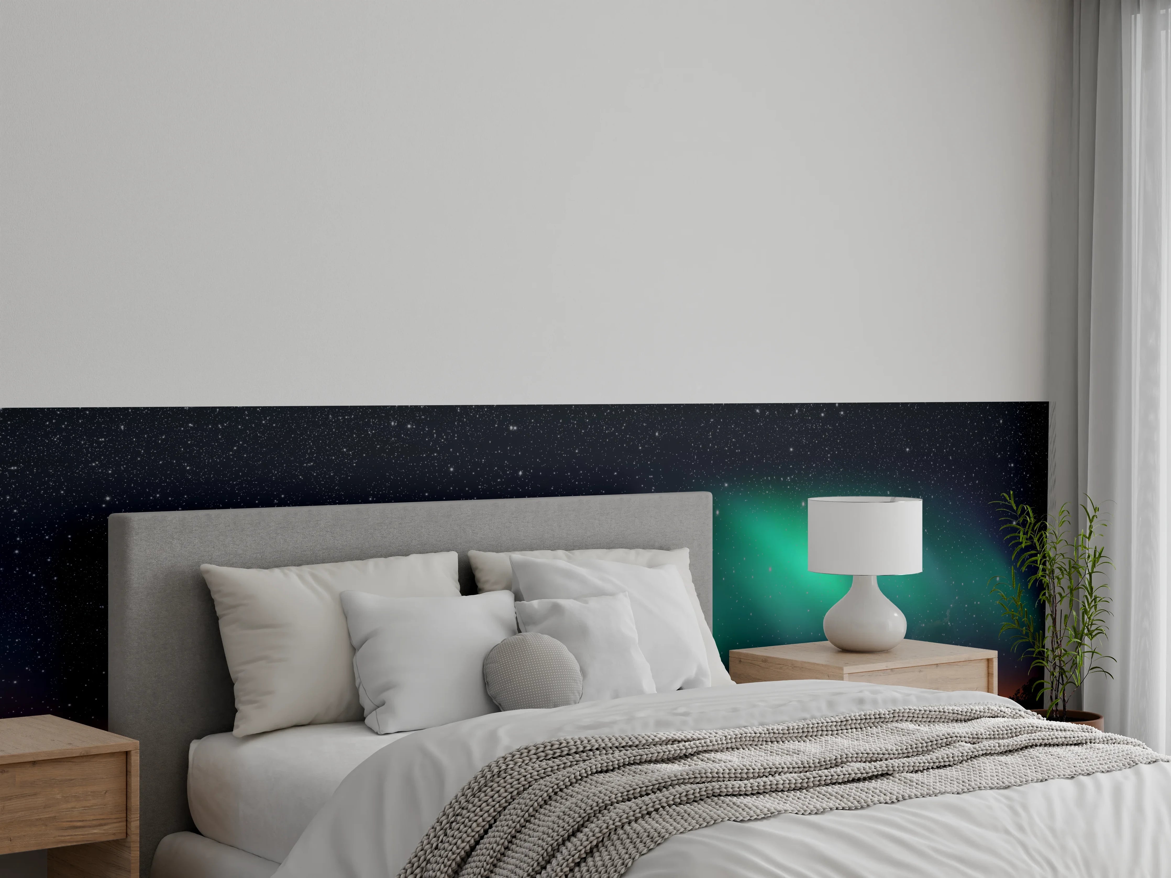 Wandverkleidung Schlafzimmer - Polarlichter über Berglandschaft Panorama