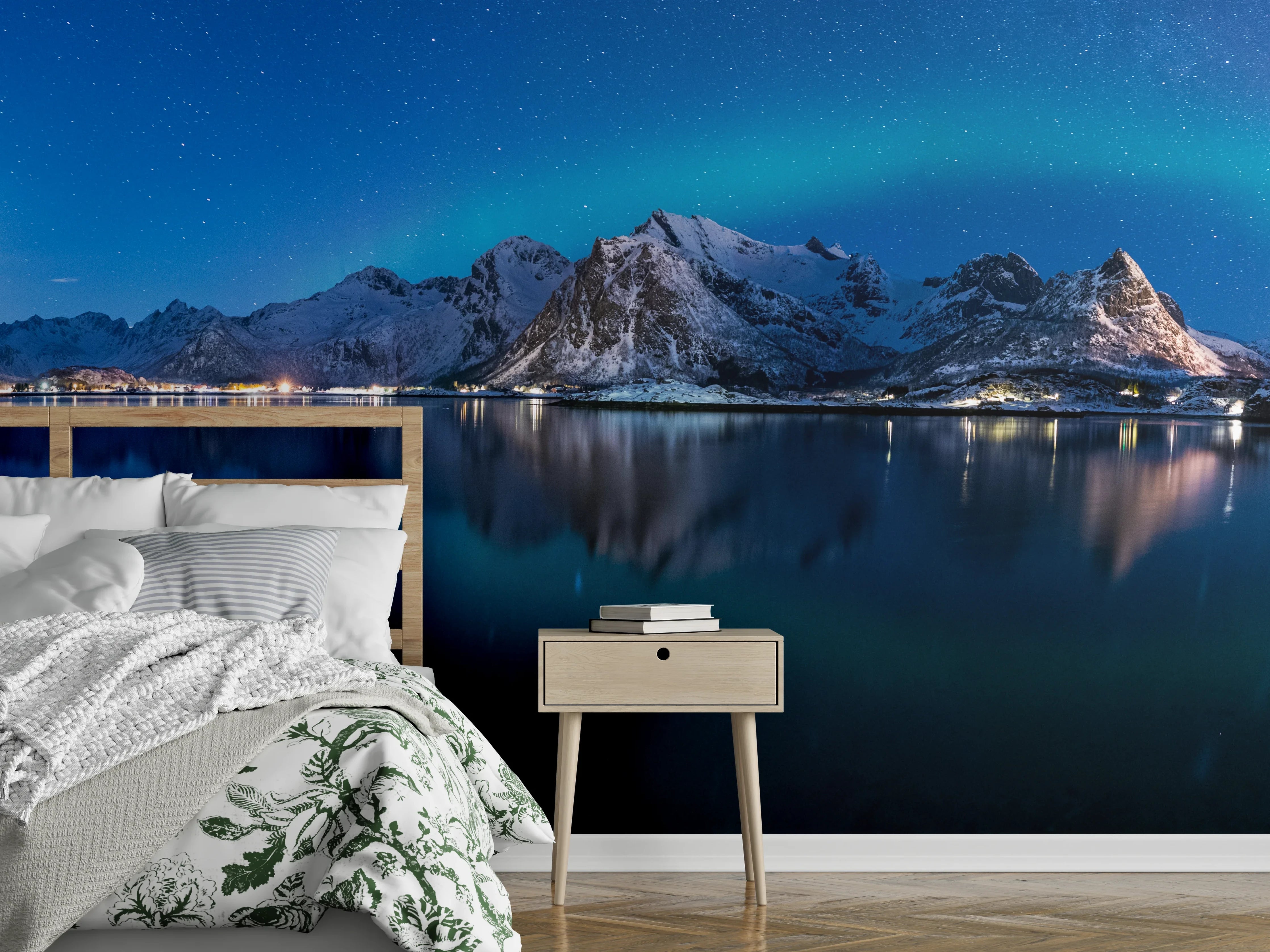 Wandverkleidung Schlafzimmer - Polarlichter und Berge am See