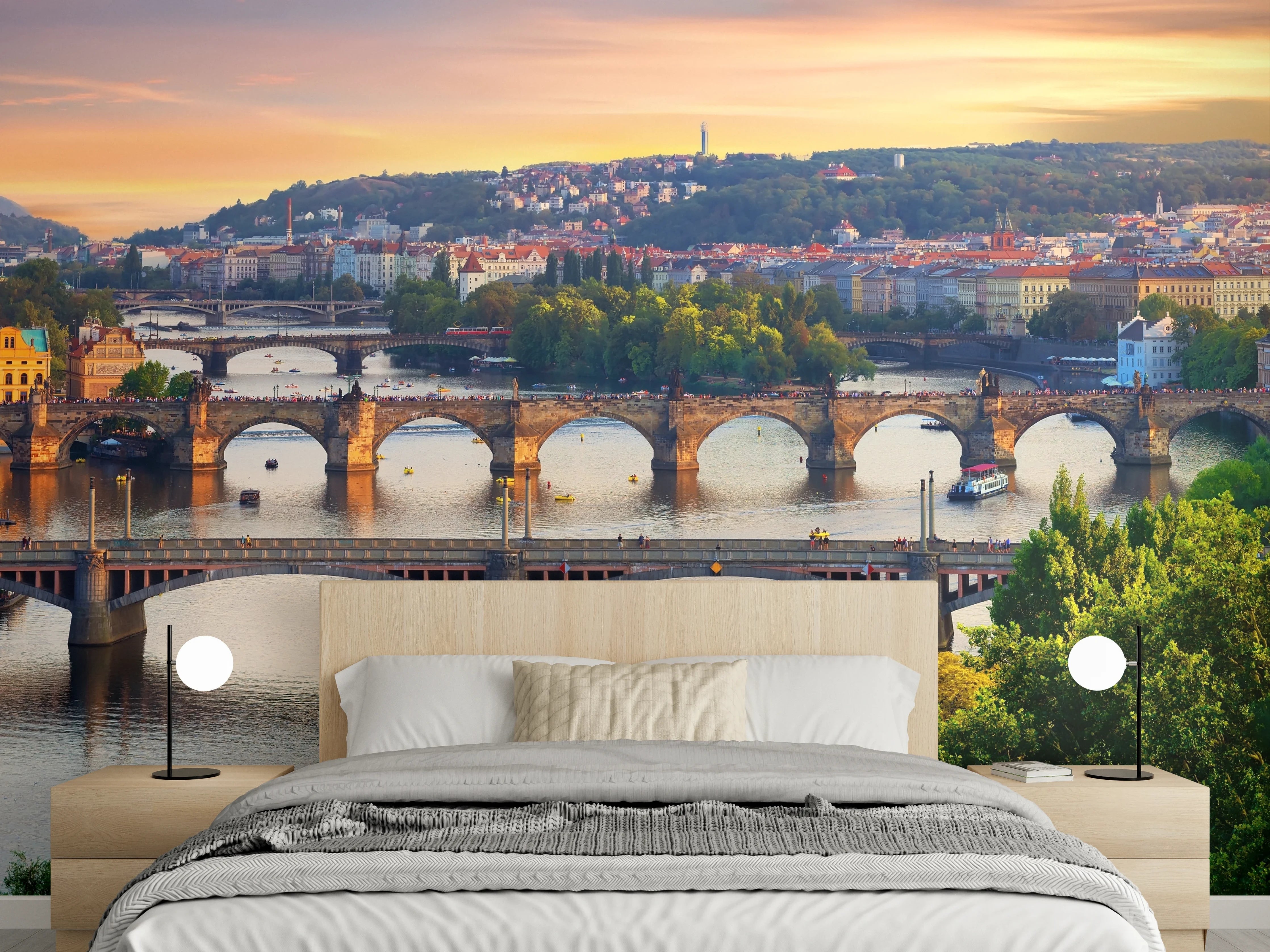 Wandverkleidung Schlafzimmer - Prager Brückenpanorama bei Sonnenuntergang