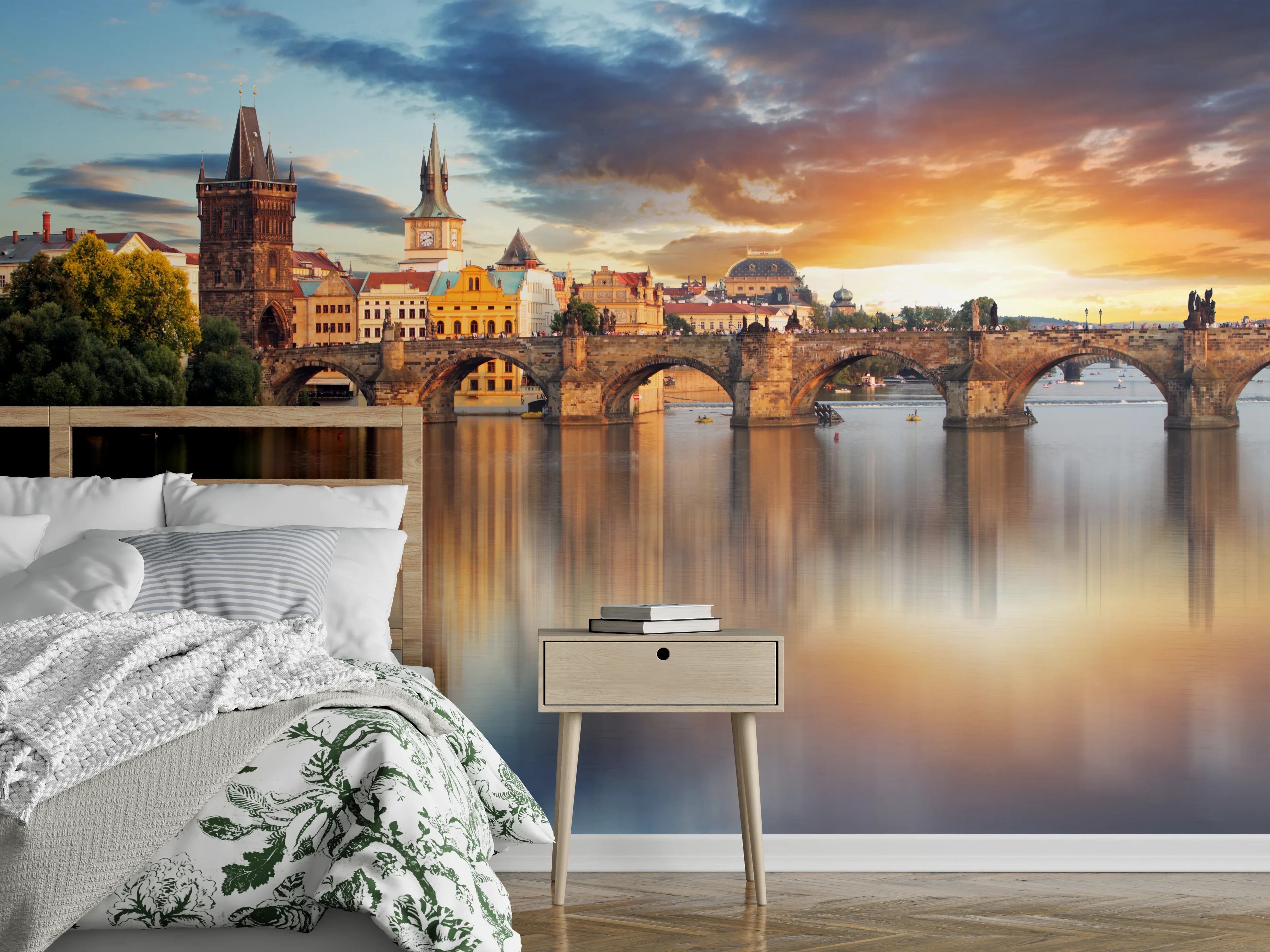 Wandverkleidung Schlafzimmer - Prager Karlsbrücke im Sonnenaufgang