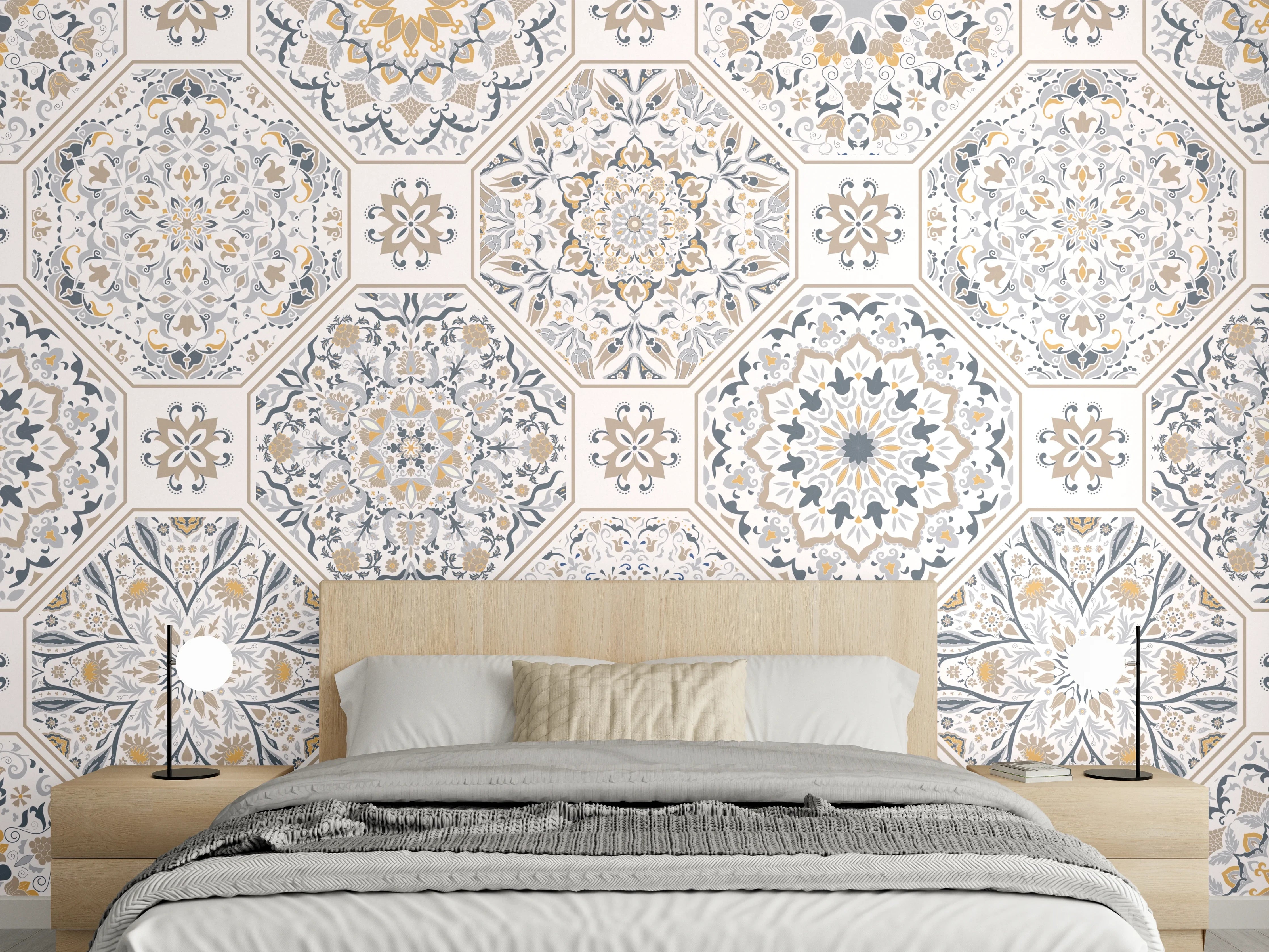 Wandverkleidung Schlafzimmer - Premium Weiß-Grau Ornament-Muster