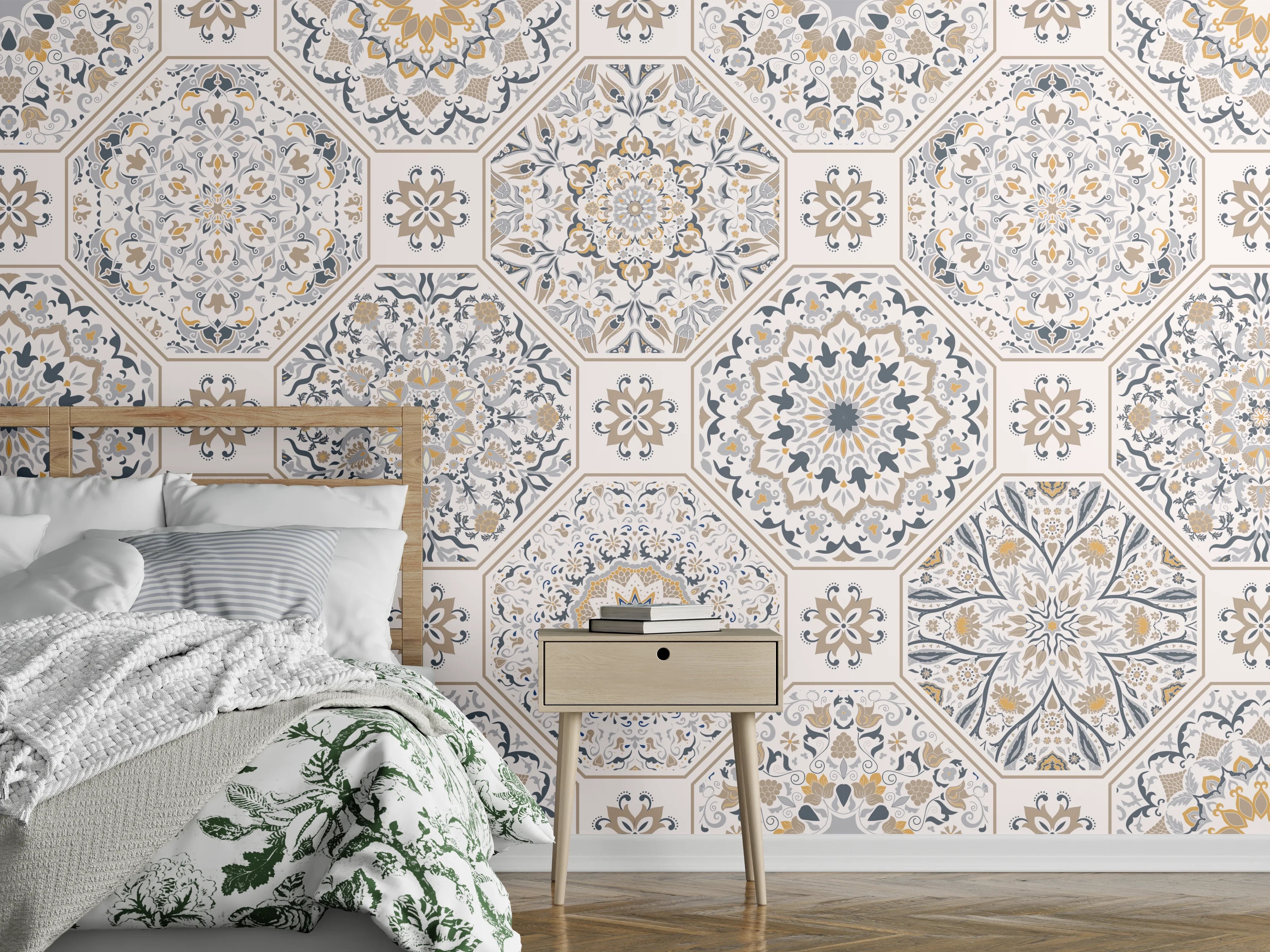 Wandverkleidung Schlafzimmer - Premium Weiß-Grau Ornament-Muster