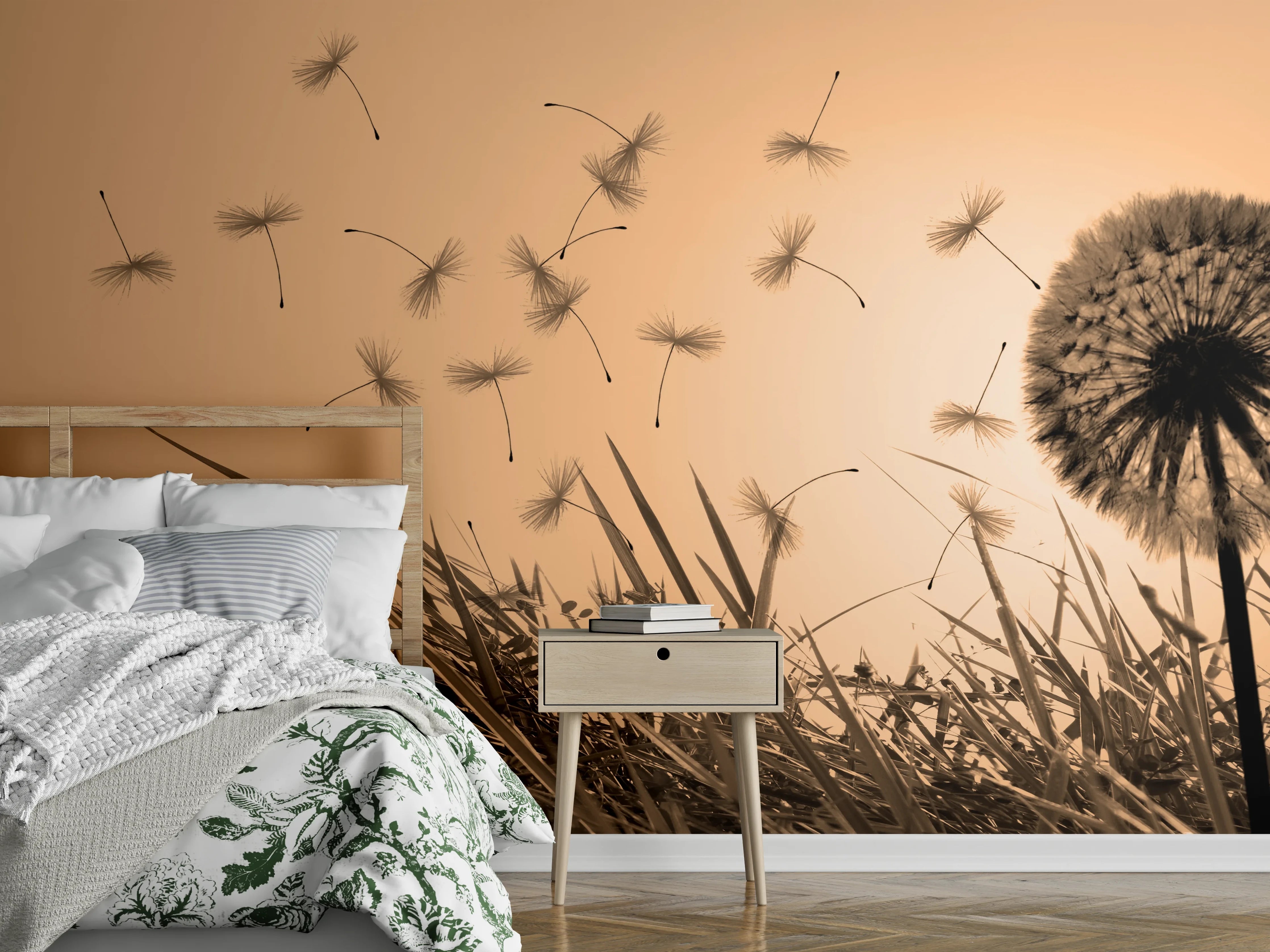 Wandverkleidung Schlafzimmer - Pusteblume im Sonnenuntergang – Sepia