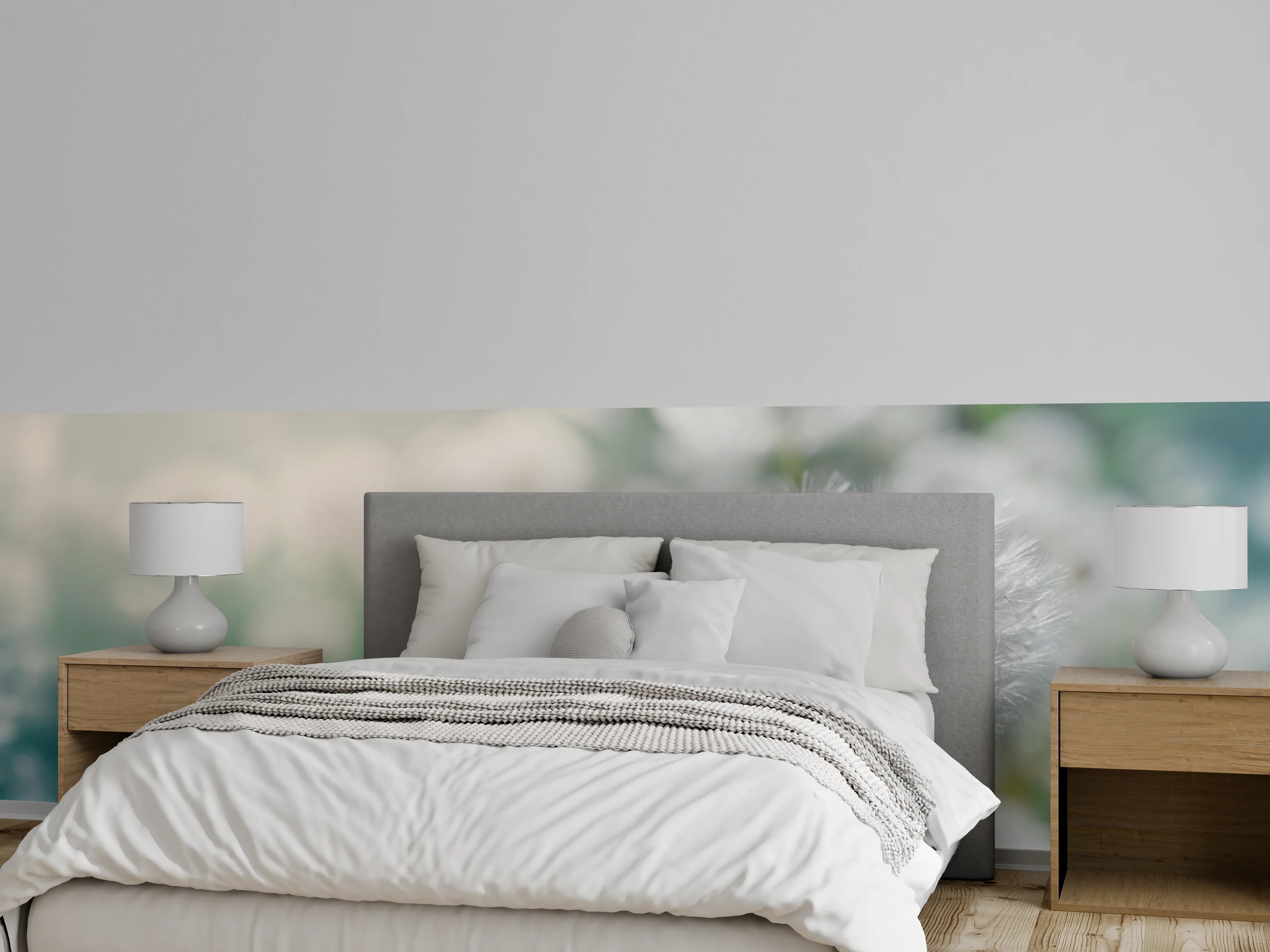 Wandverkleidung Schlafzimmer - Pusteblume in Türkis-Weiß