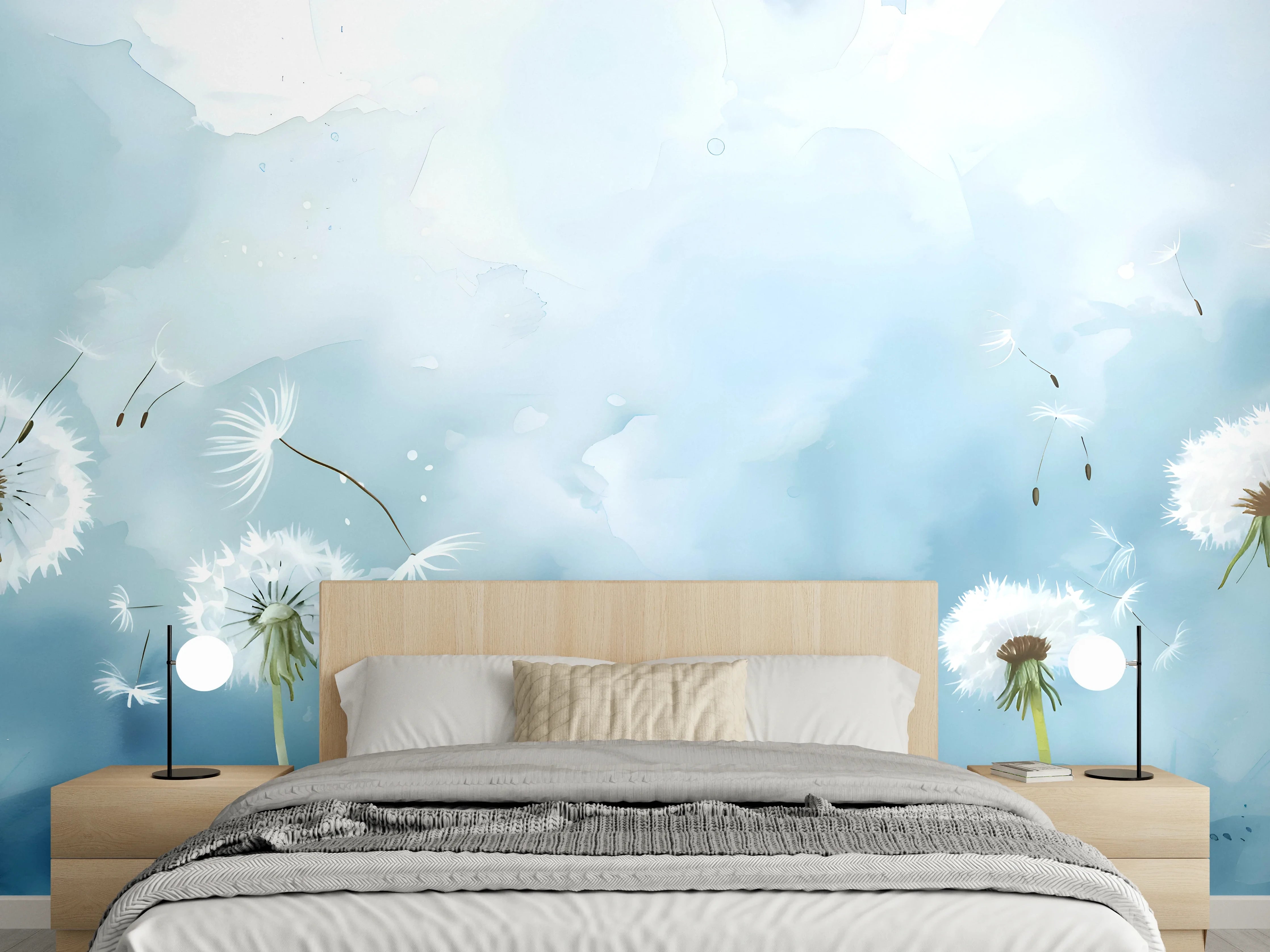 Wandverkleidung Schlafzimmer - Pusteblumen Aquarell Blau-Weiß