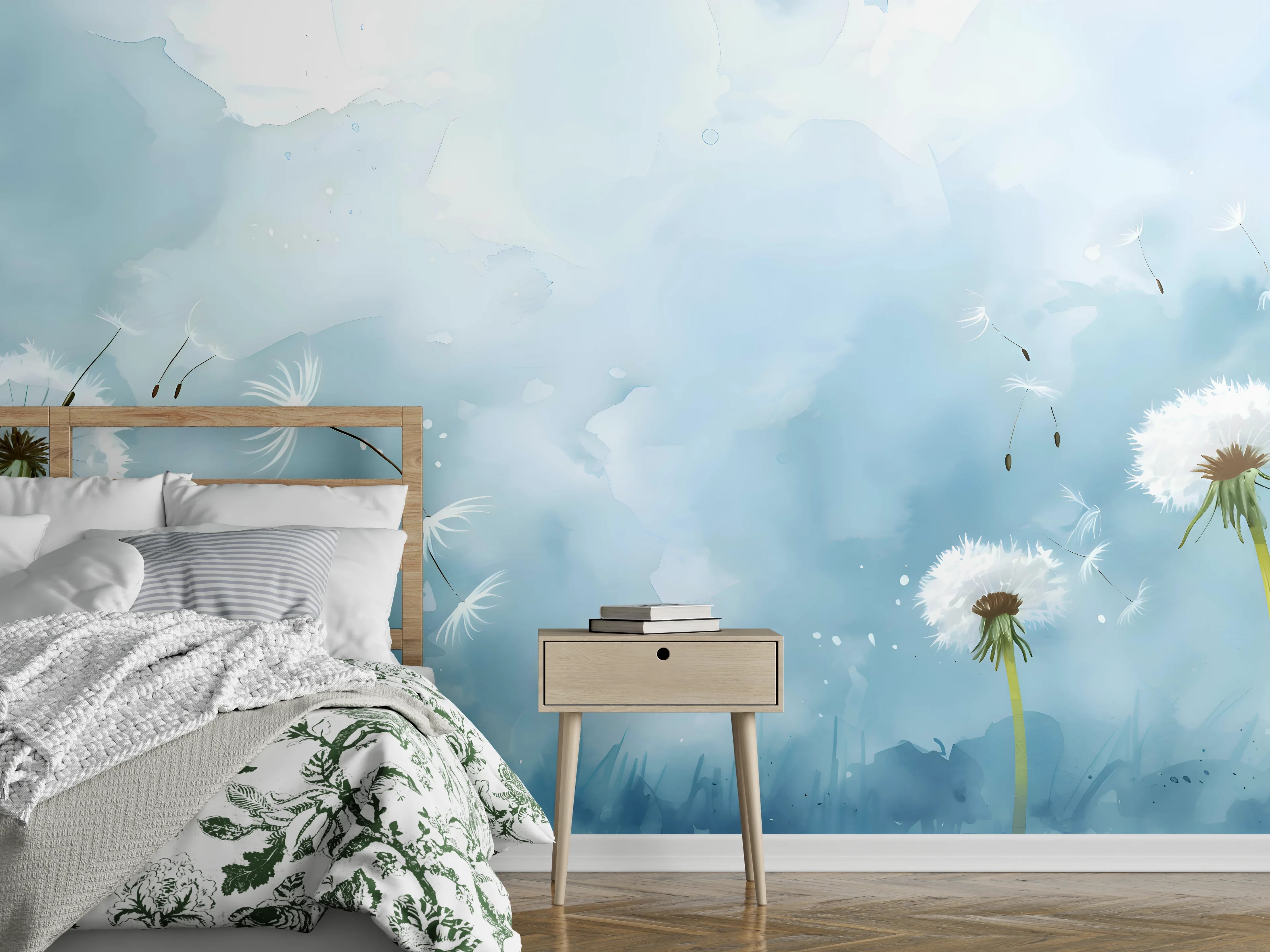 Wandverkleidung Schlafzimmer - Pusteblumen Aquarell Blau-Weiß
