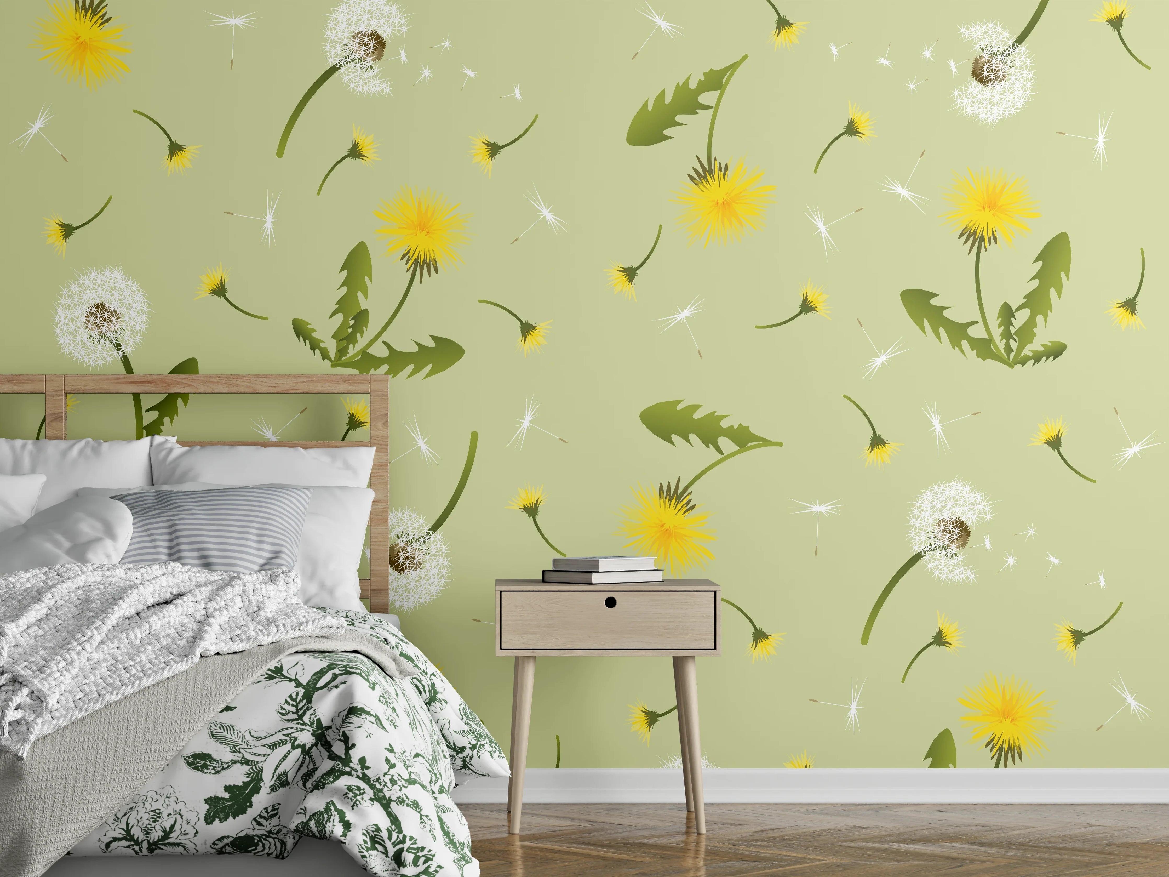 Wandverkleidung Schlafzimmer - Pusteblumen Grün-Gelb Muster