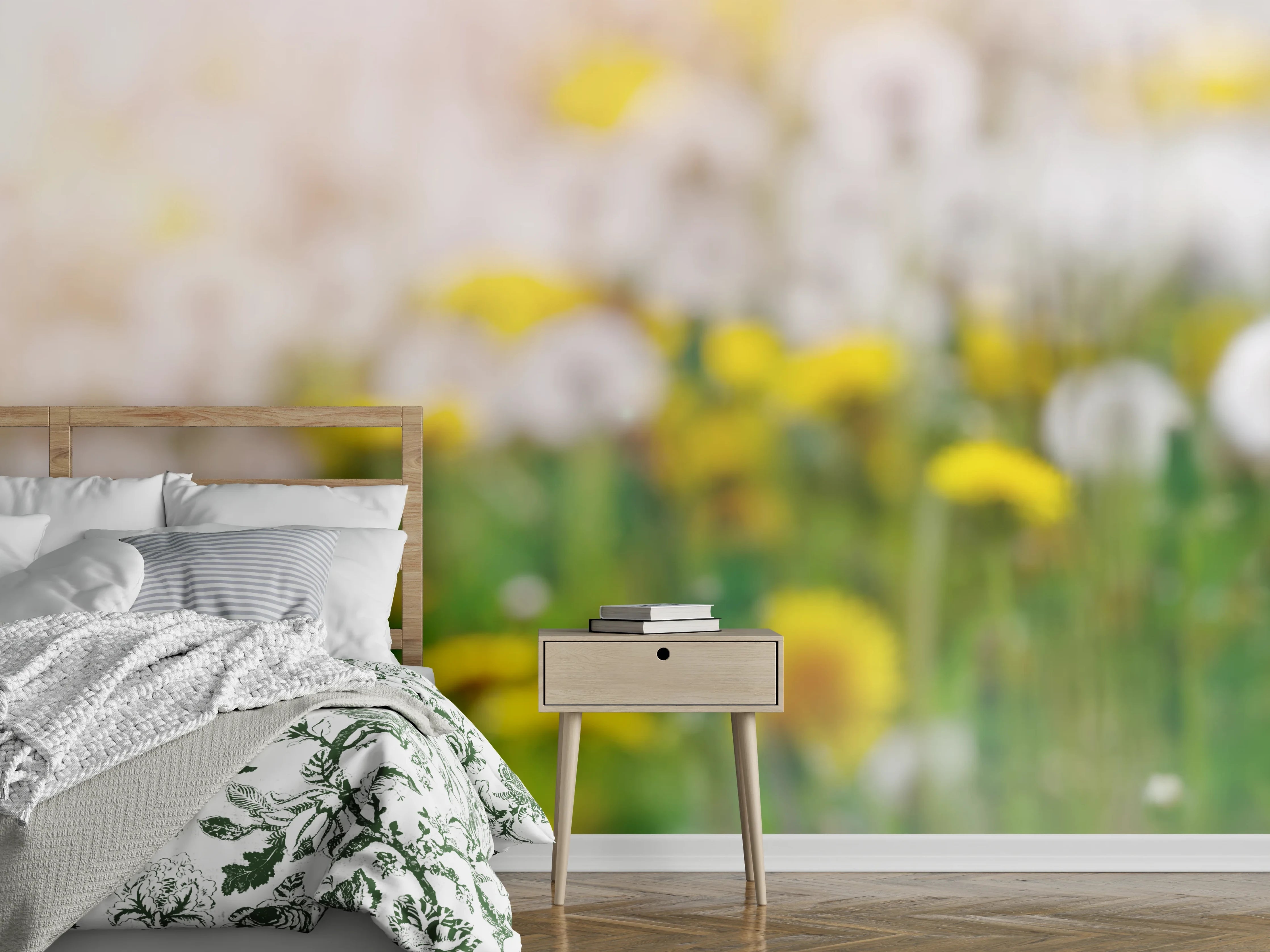 Wandverkleidung Schlafzimmer - Pusteblumen-Wiese Gelb Weiß