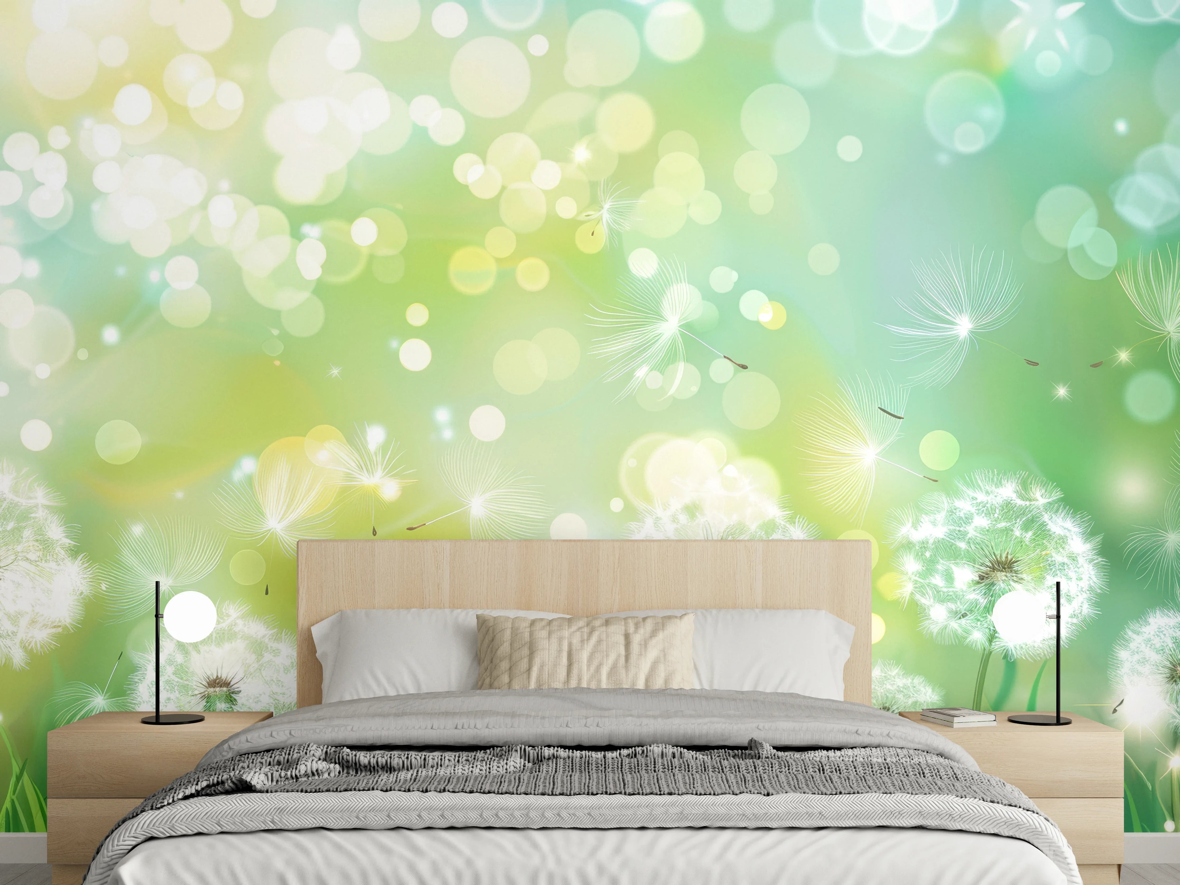 Wandverkleidung Schlafzimmer - Pusteblumen im Frühlingsgrün
