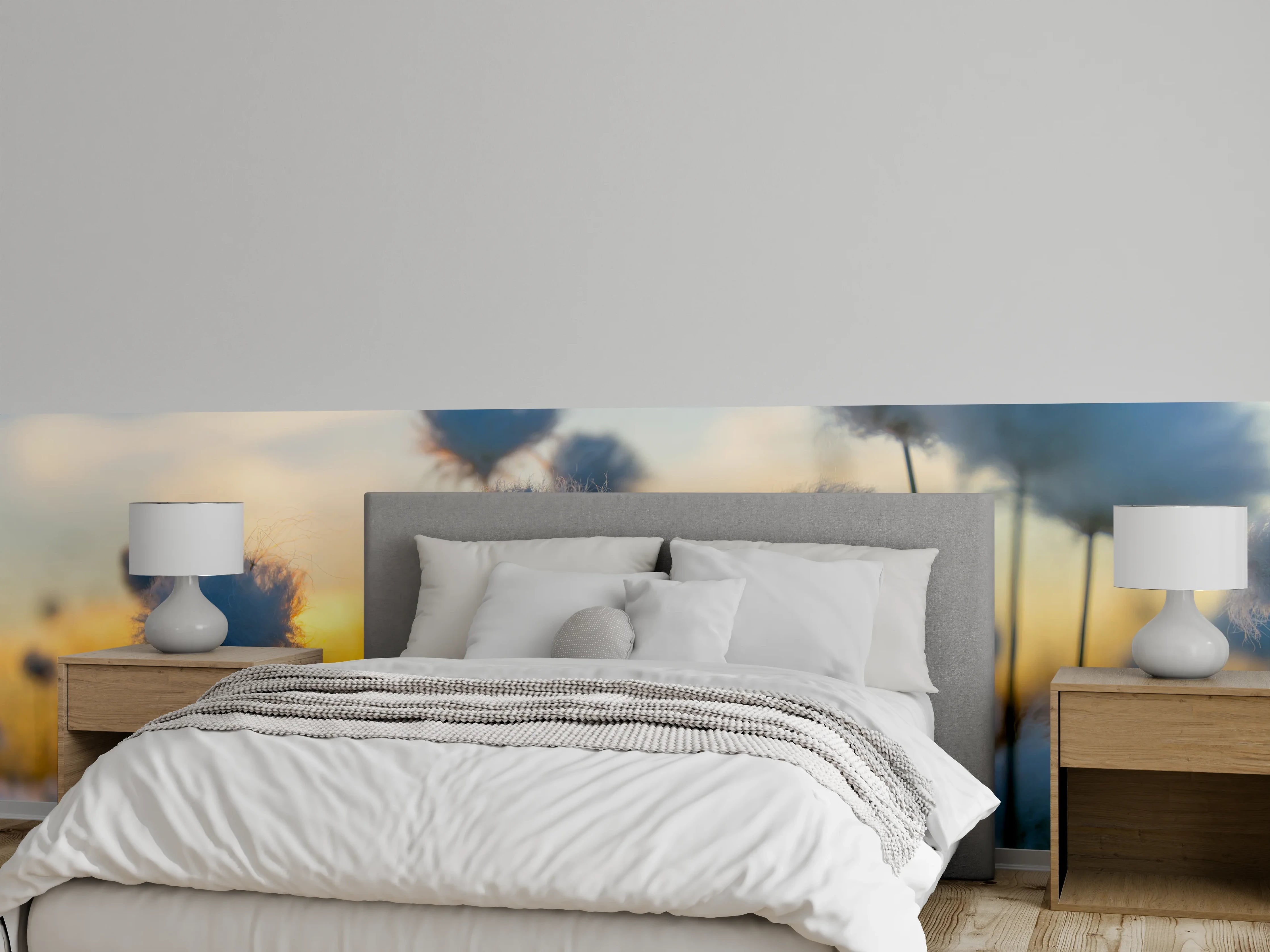 Wandverkleidung Schlafzimmer - Pusteblumen im Sonnenuntergang Feld Landschaft