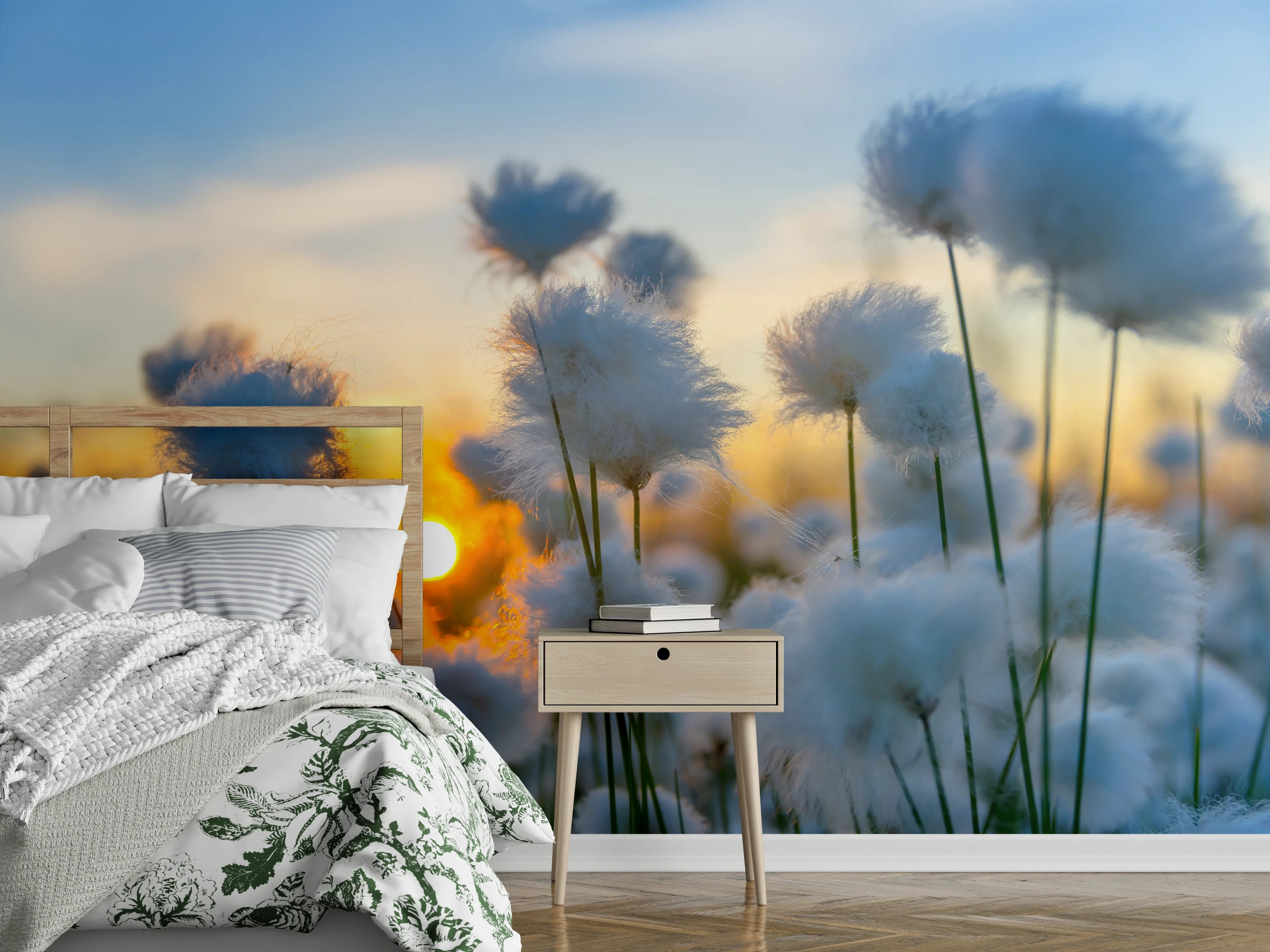 Wandverkleidung Schlafzimmer - Pusteblumen im Sonnenuntergang Feld Landschaft