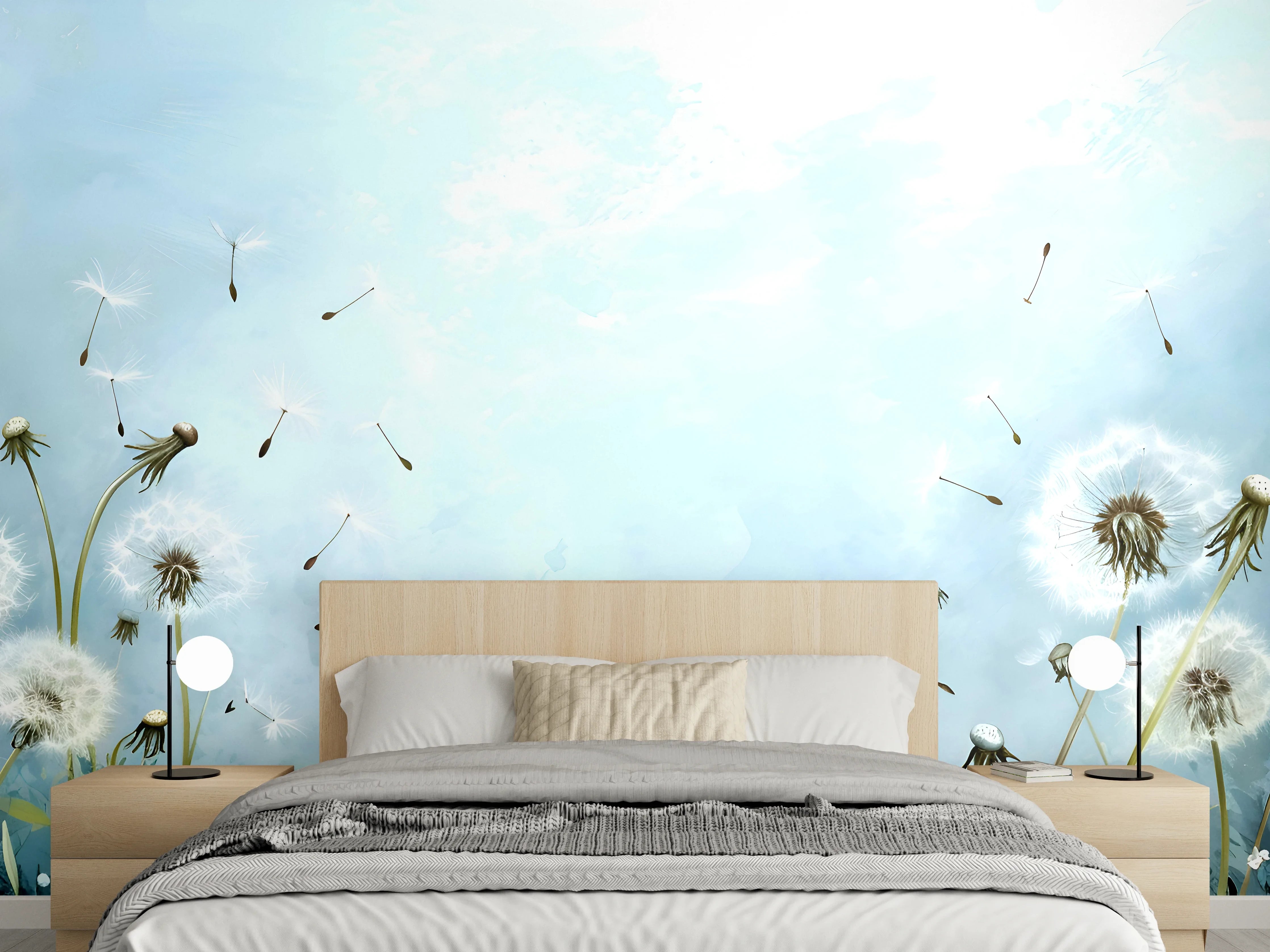 Wandverkleidung Schlafzimmer - Pusteblumen im blauen Himmel
