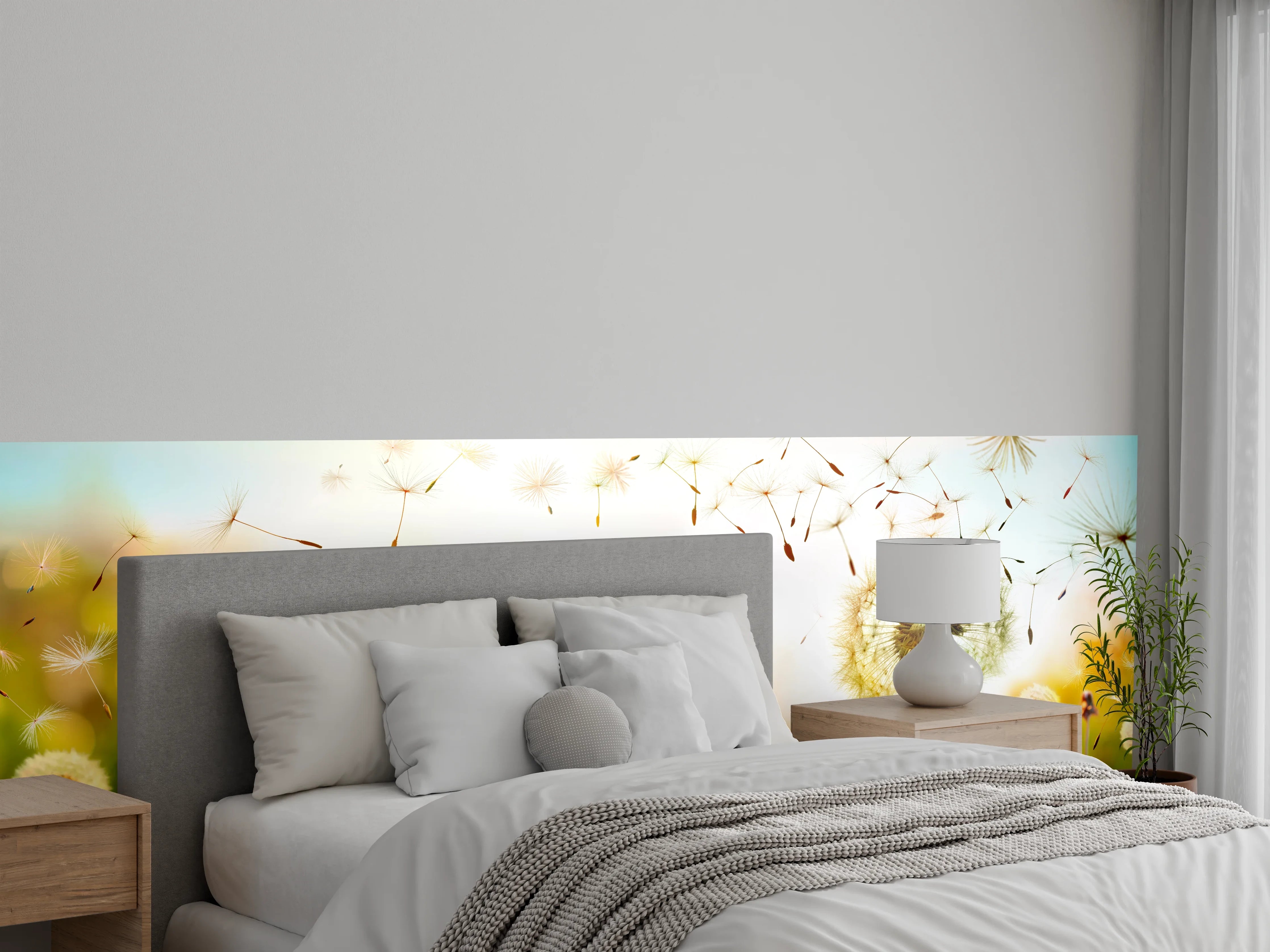 Wandverkleidung Schlafzimmer - Pusteblumen im goldenen Licht