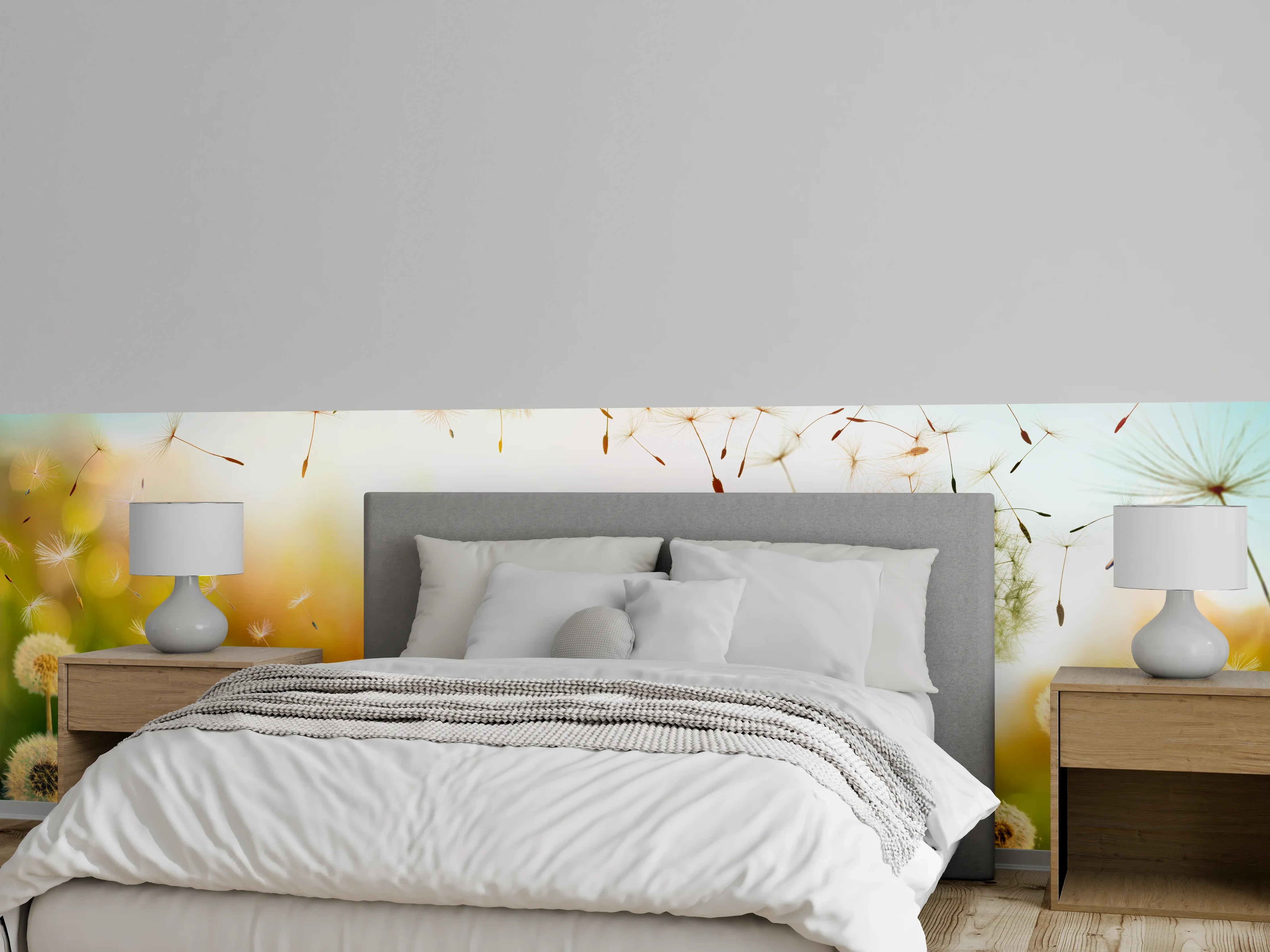 Wandverkleidung Schlafzimmer - Pusteblumen im goldenen Licht