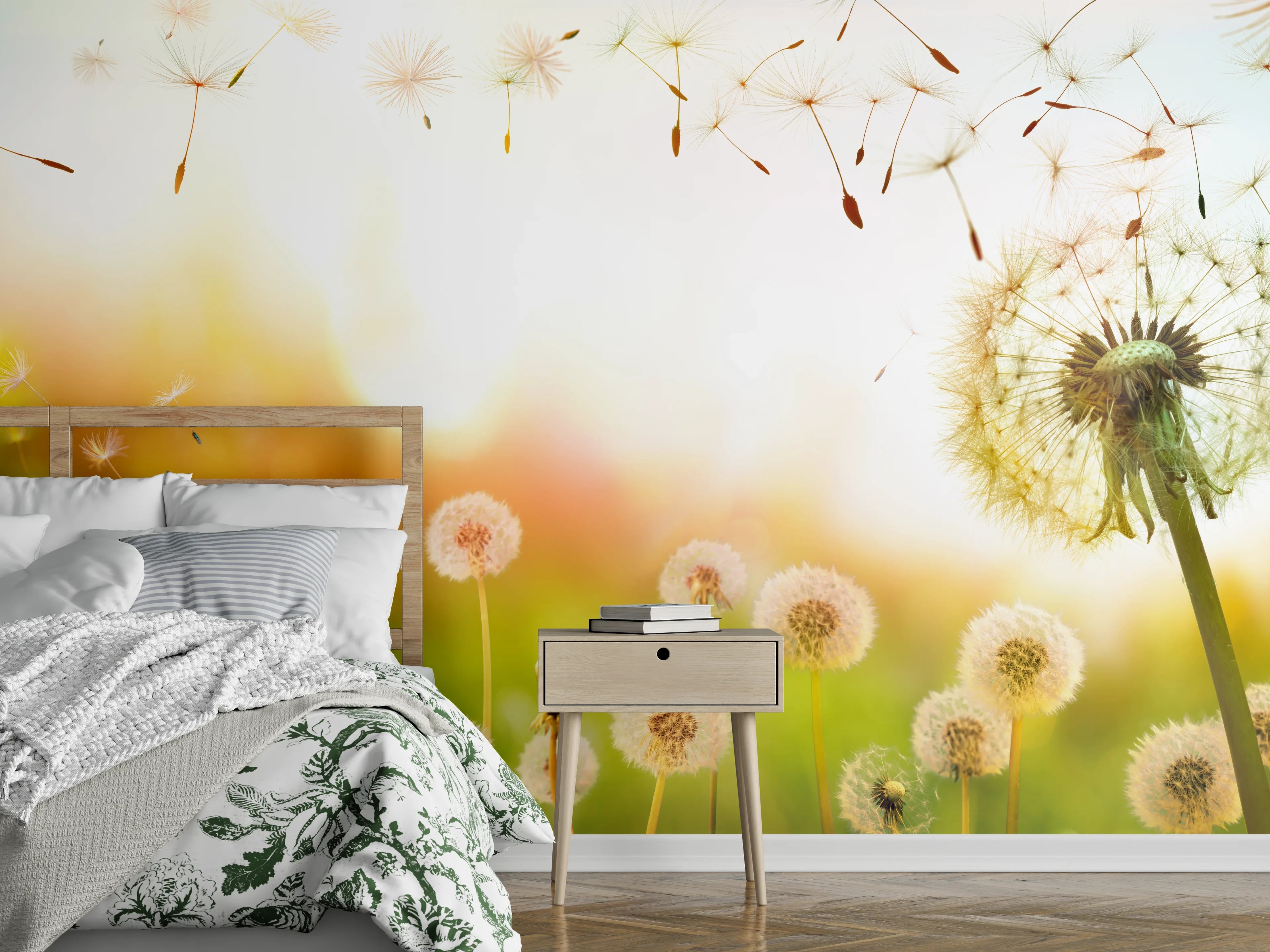 Wandverkleidung Schlafzimmer - Pusteblumen im goldenen Licht