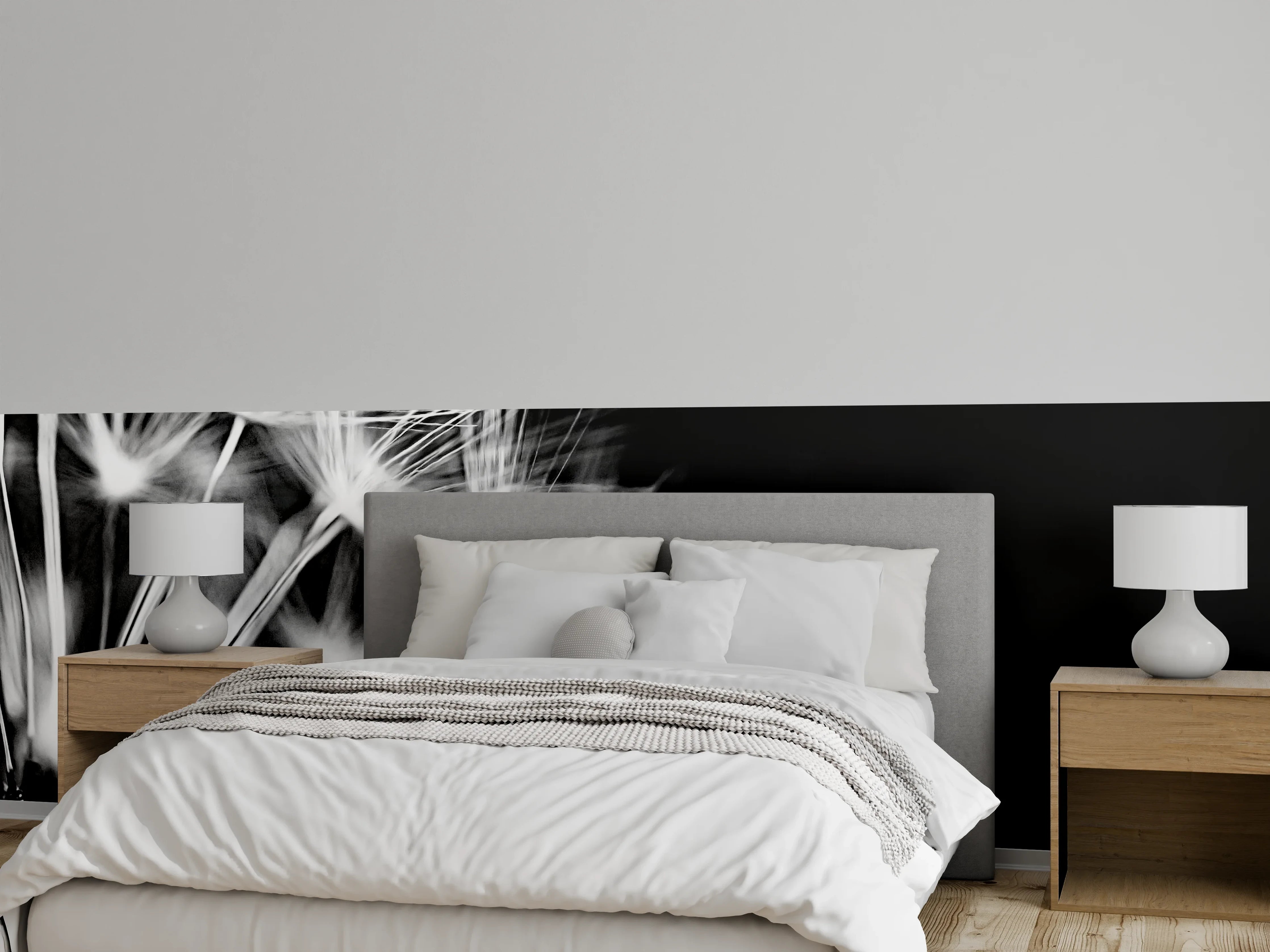 Wandverkleidung Schlafzimmer - Pusteblumen schwarz-weiß Hintergrund