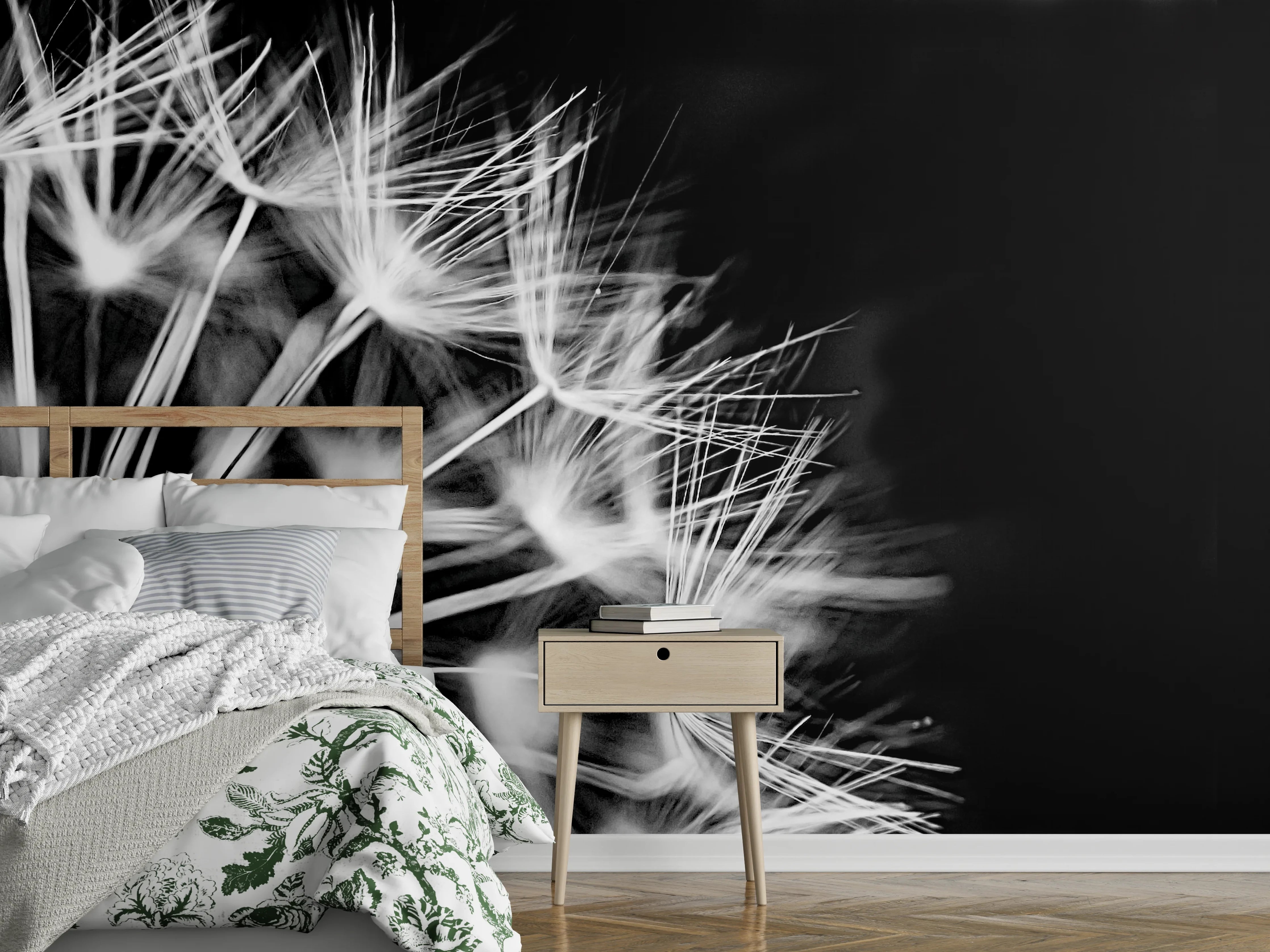 Wandverkleidung Schlafzimmer - Pusteblumen schwarz-weiß Hintergrund