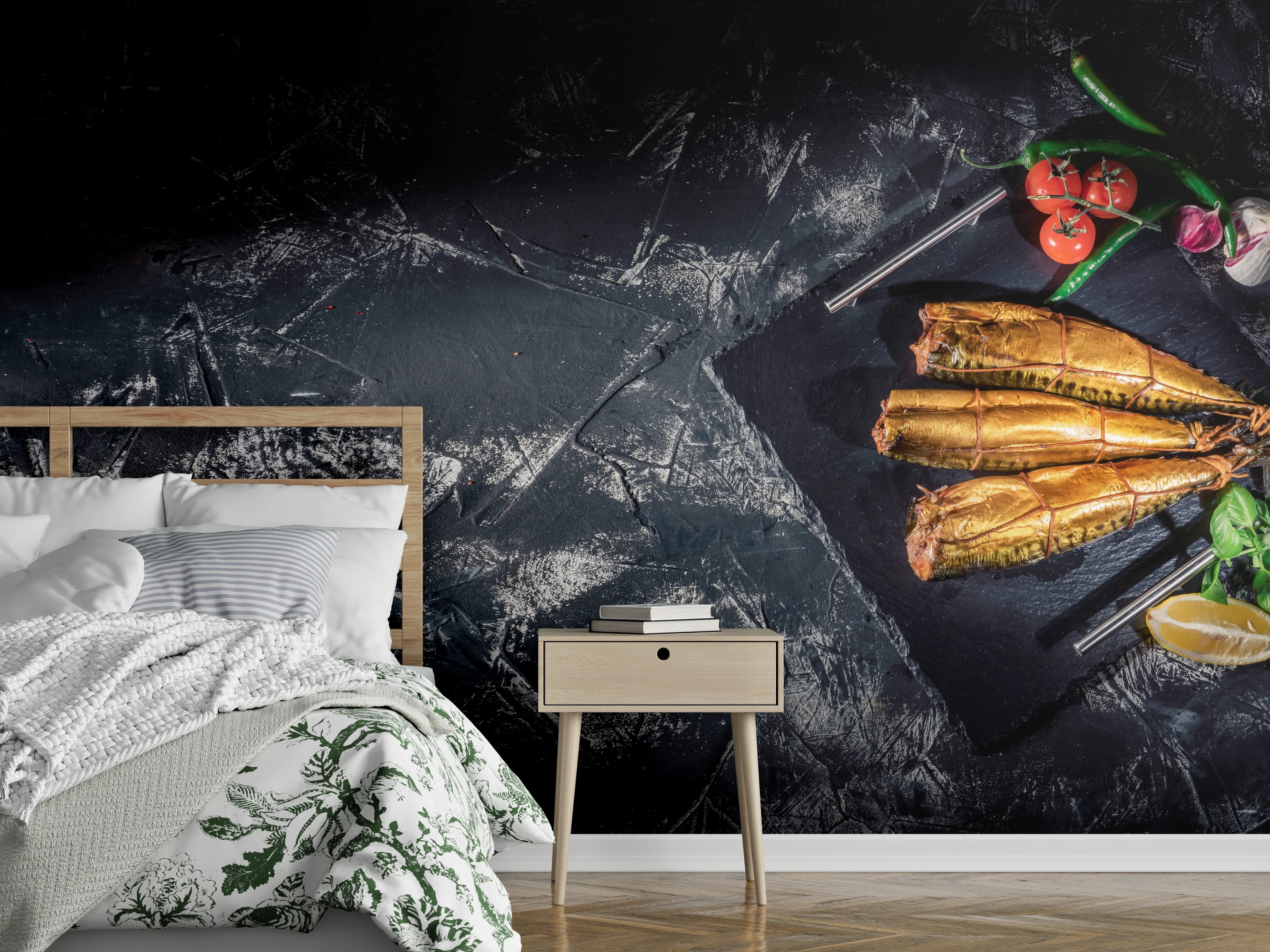 Wandverkleidung Schlafzimmer - Räucherfisch auf dunklem Schiefer