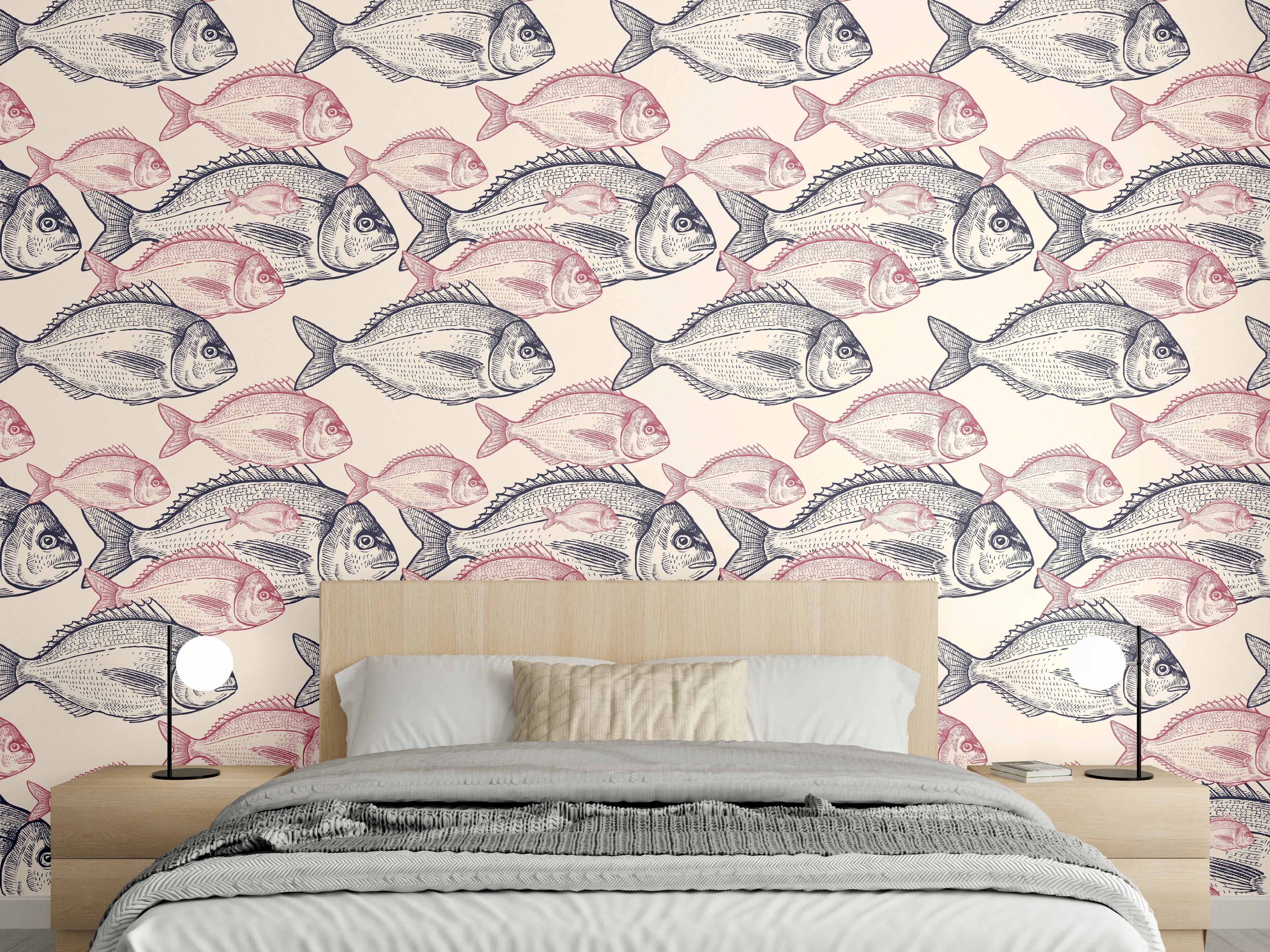 Wandverkleidung Schlafzimmer - Realistisches Fischmuster Rosa-Grau