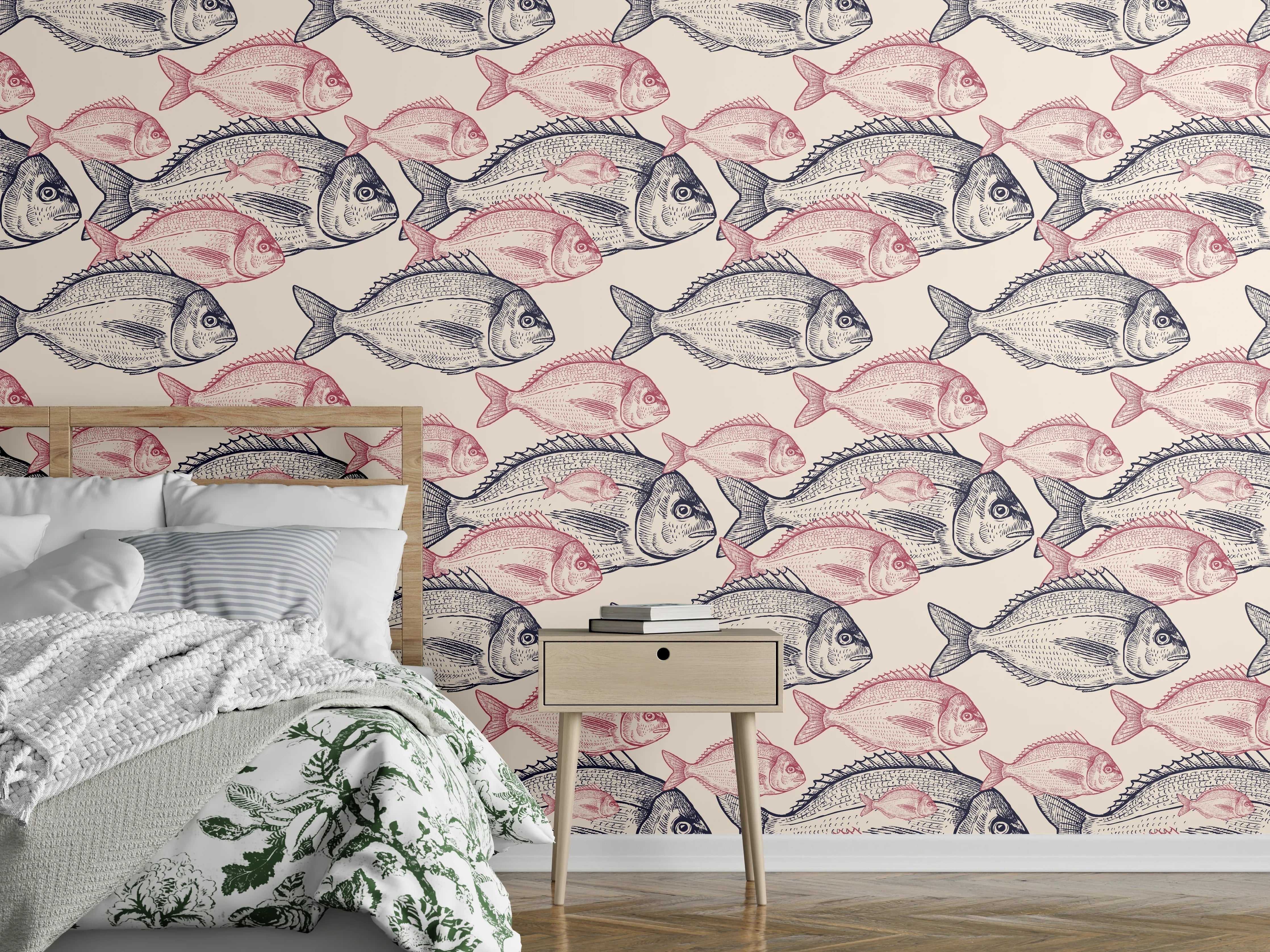 Wandverkleidung Schlafzimmer - Realistisches Fischmuster Rosa-Grau