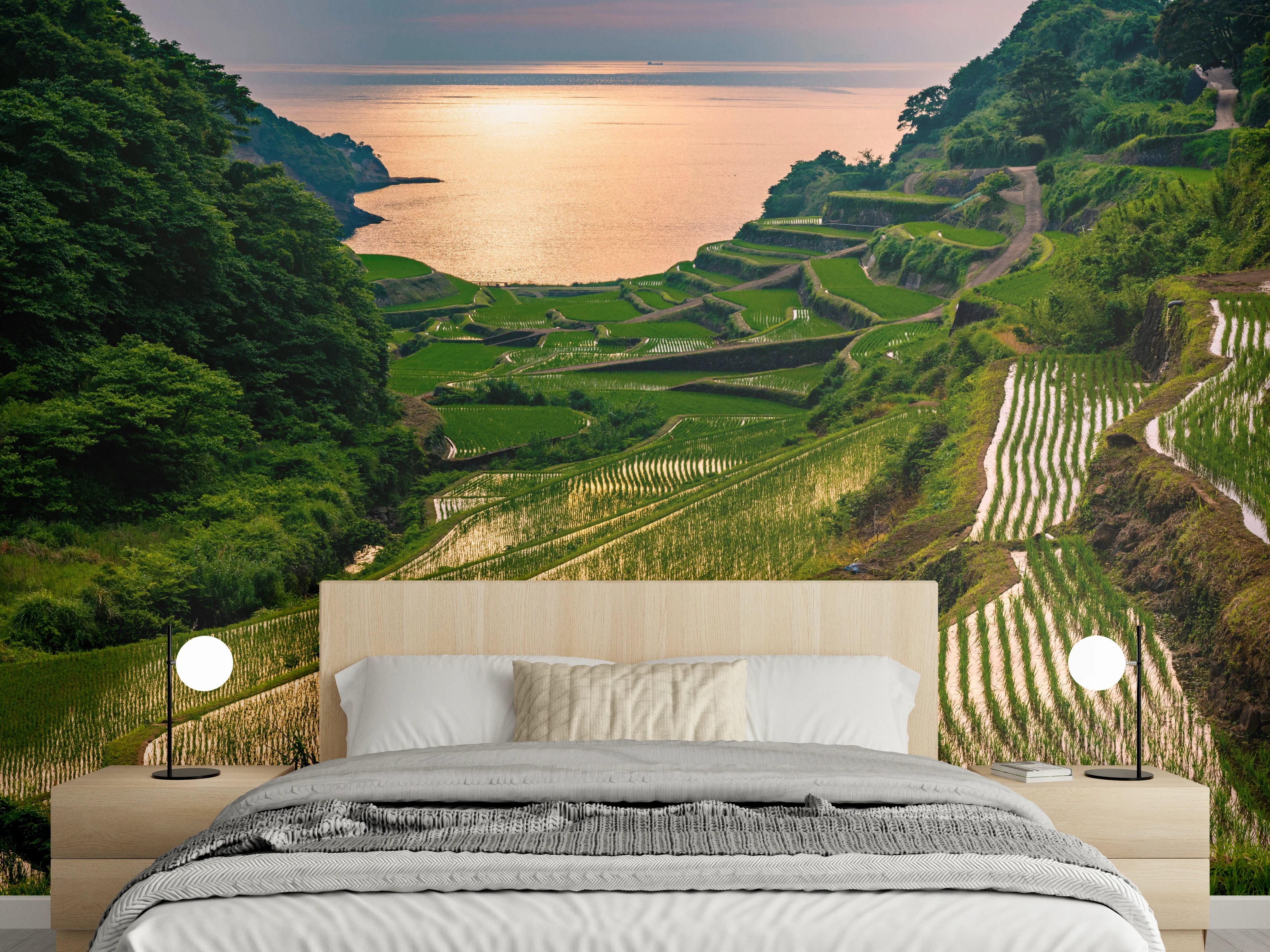 Wandverkleidung Schlafzimmer - Reisterrassen am Meer – Sonnenuntergang